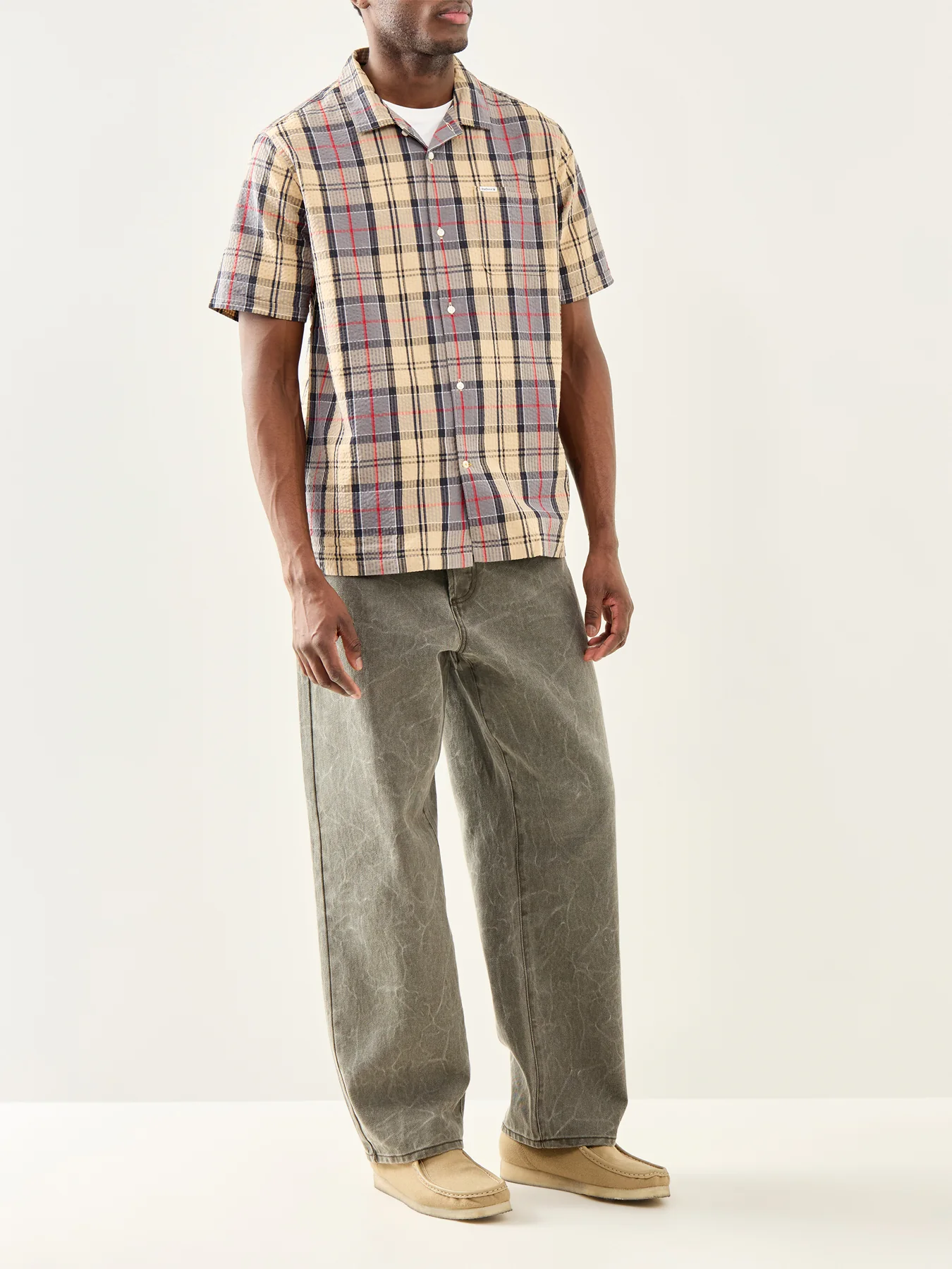 Clyde Seersucker Tartan Short Sleeve Shirt Beige - Image 2