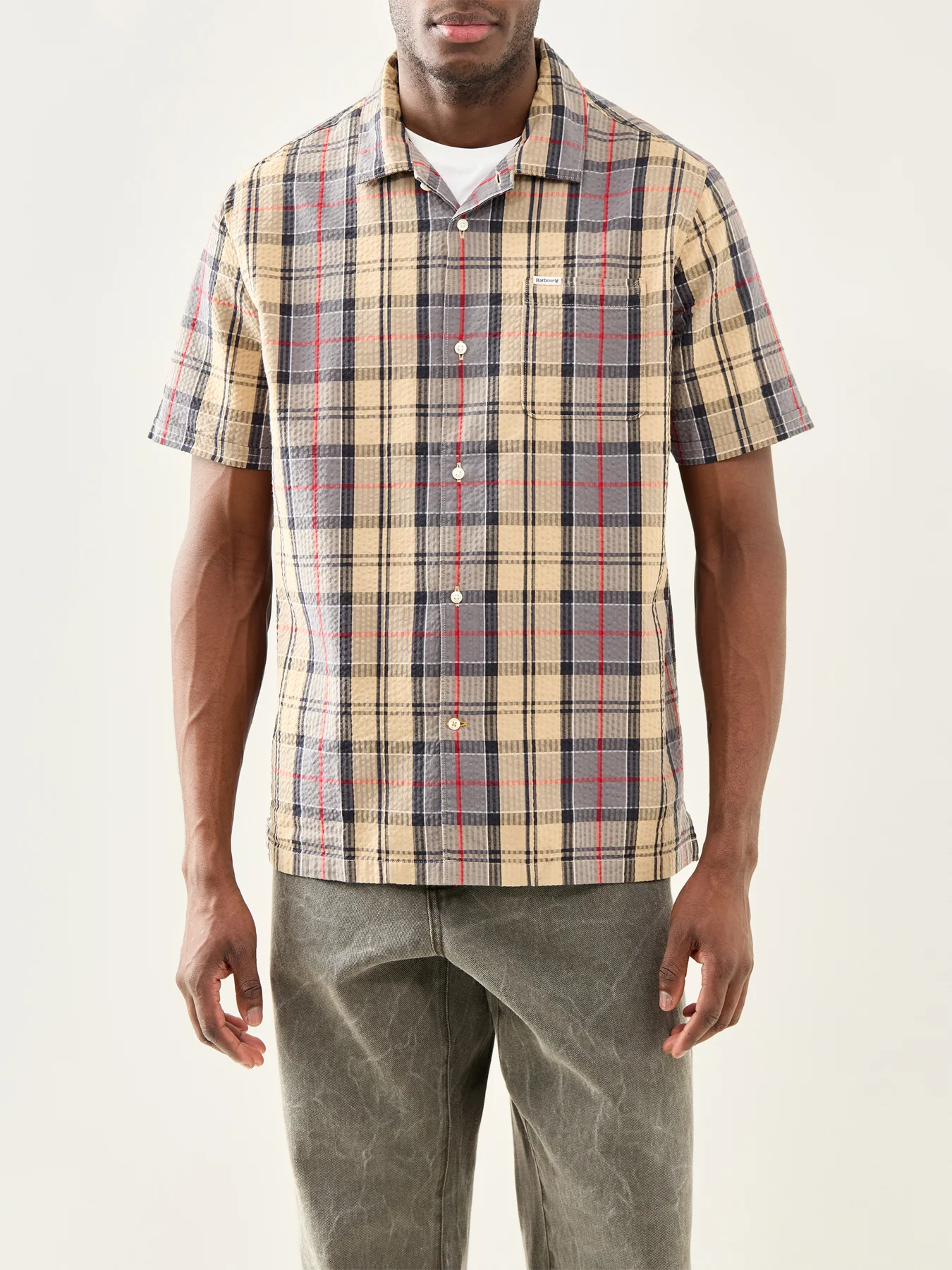 Clyde Seersucker Tartan Short Sleeve Shirt Beige - Image 4