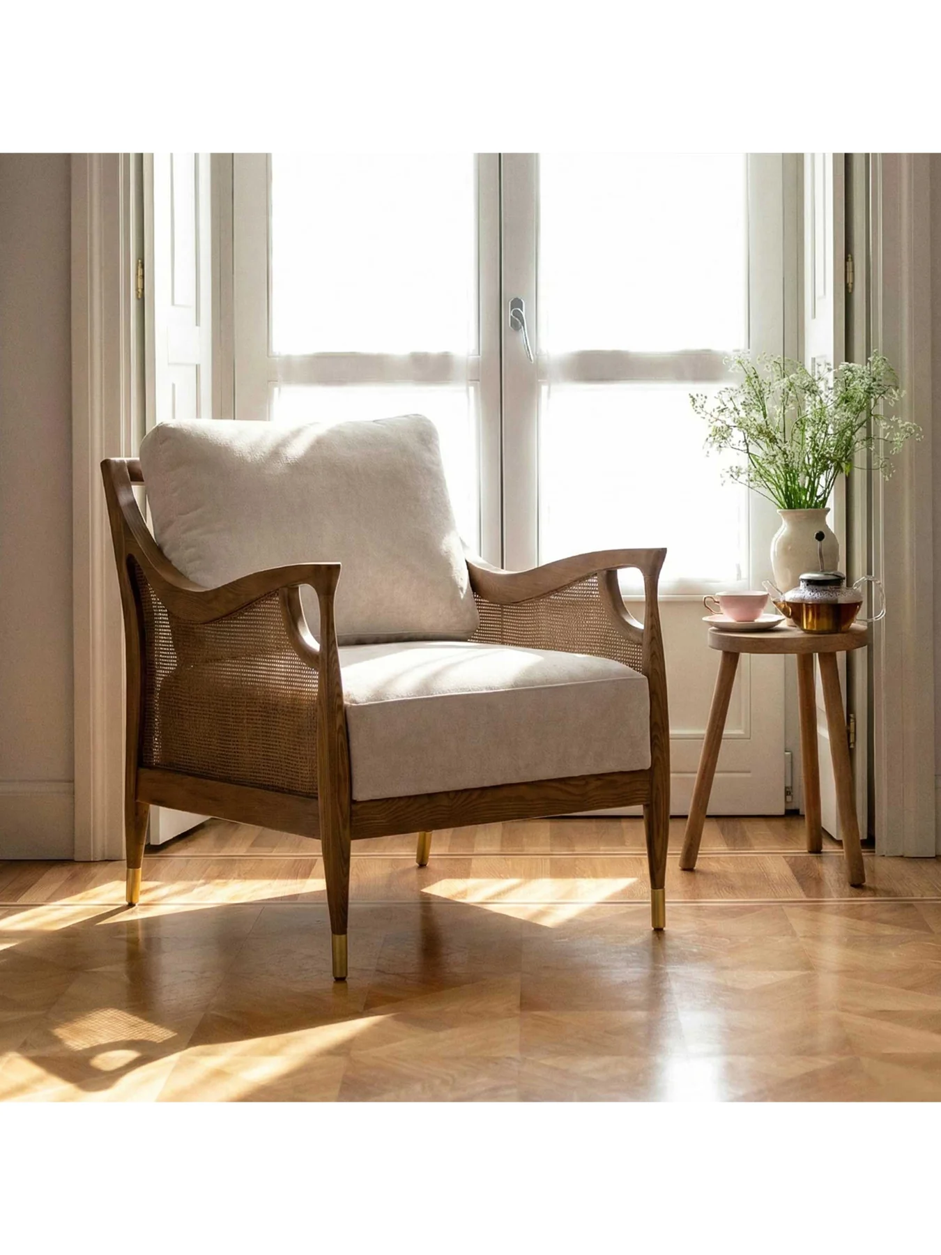 Fabric Accent Chair With Rattan Neutral - Image 2