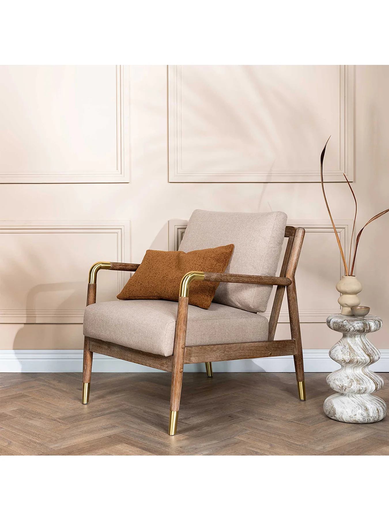 Tarron Neutral Fabric Accent Chair With Wood Frame - Image 2