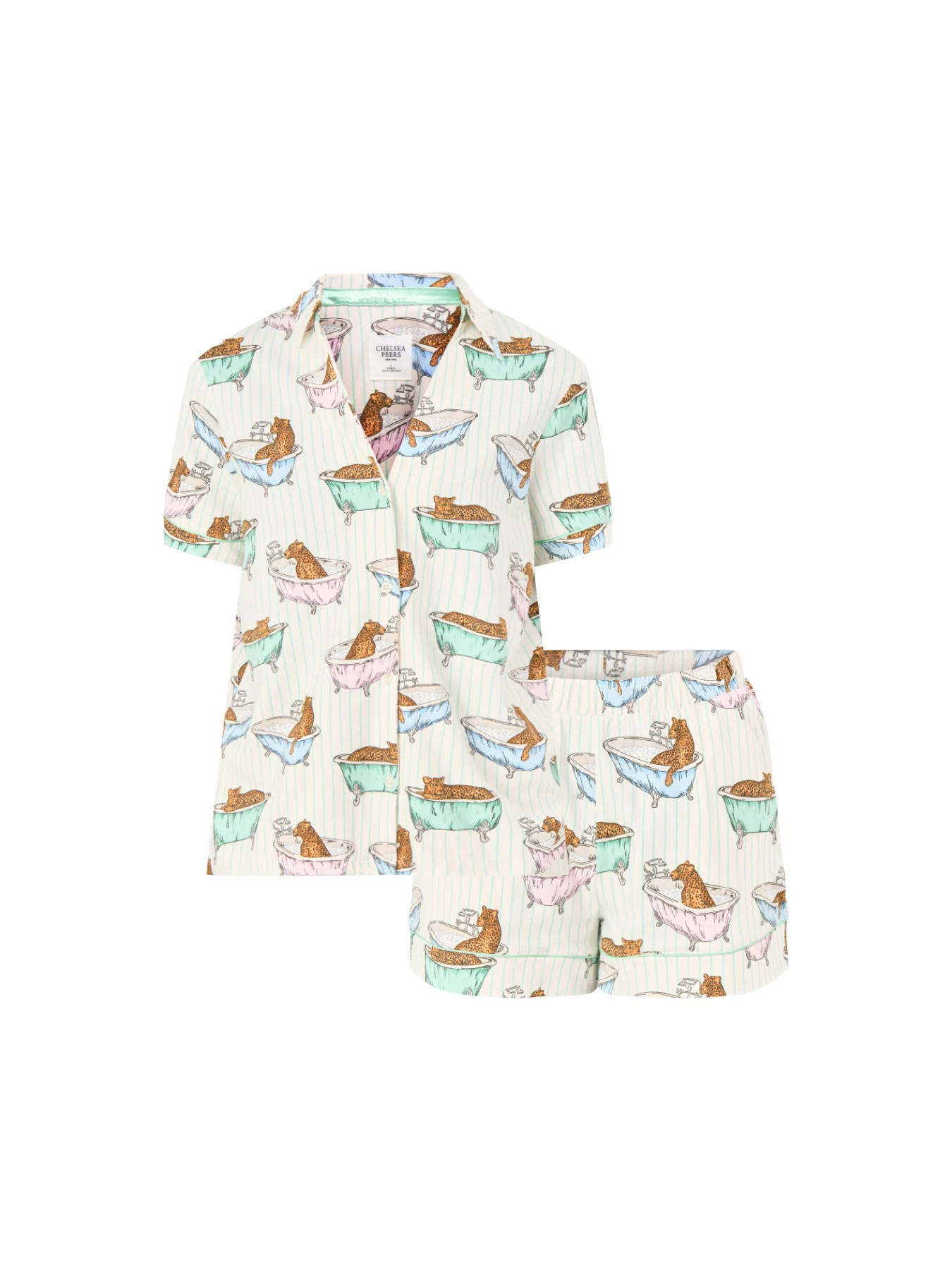 Bathtime Leopards V Neck Button Up Short PJ Set Green
