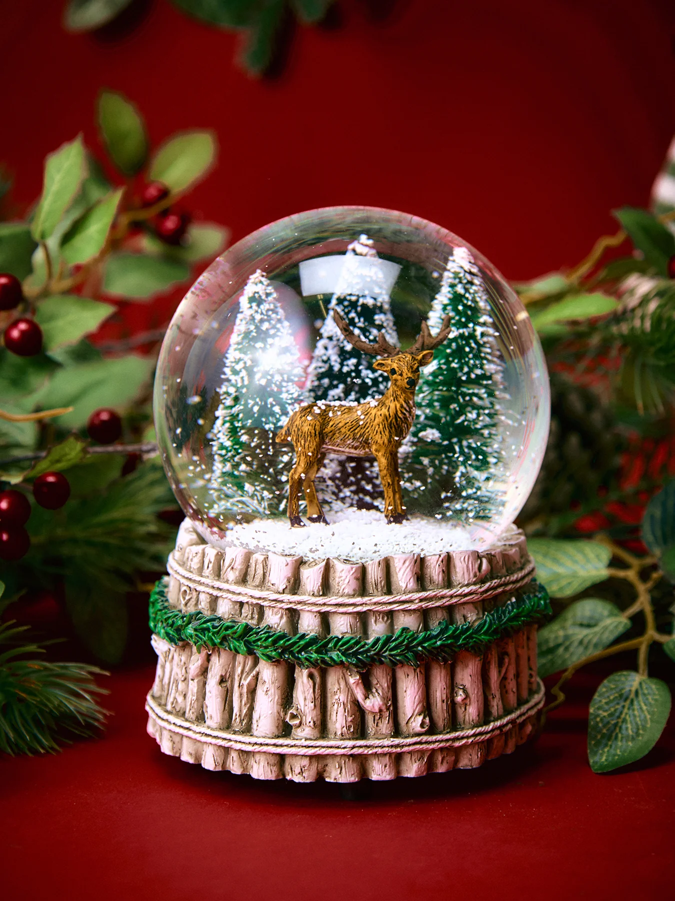 Christmas Music Snow Globe Stag In Pine Wood - Image 2