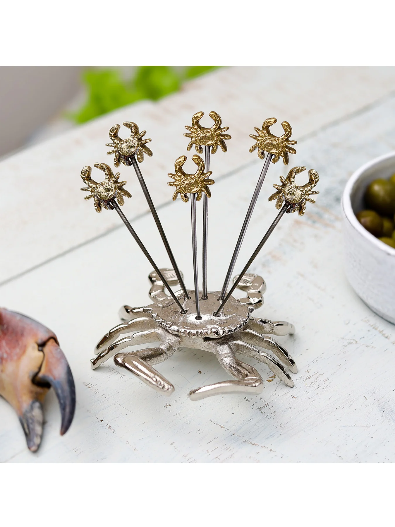 Set of Six Crab Olive Picks with Holder - Image 2