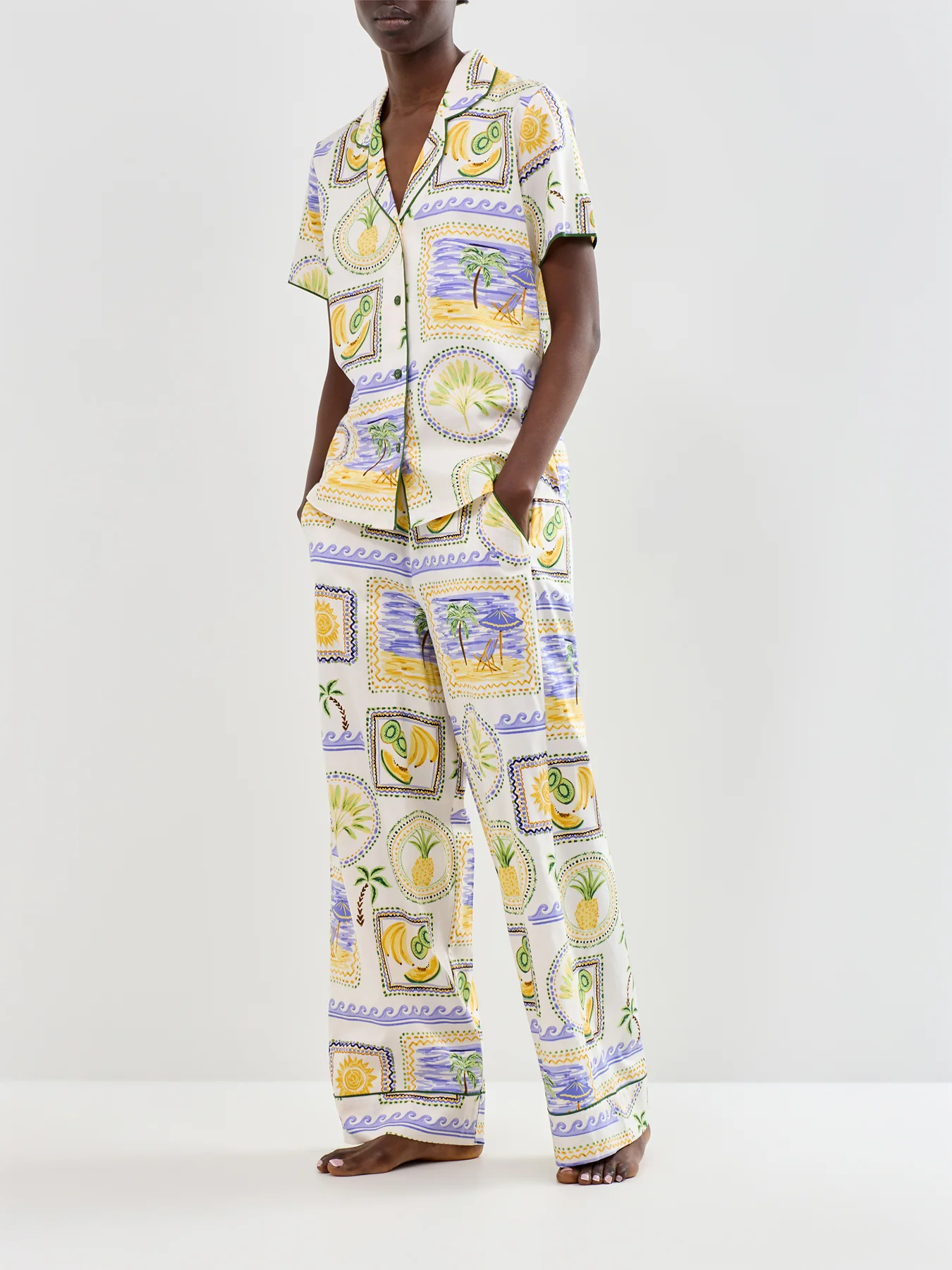 Postcard Print Pyjama Top Green - Image 2