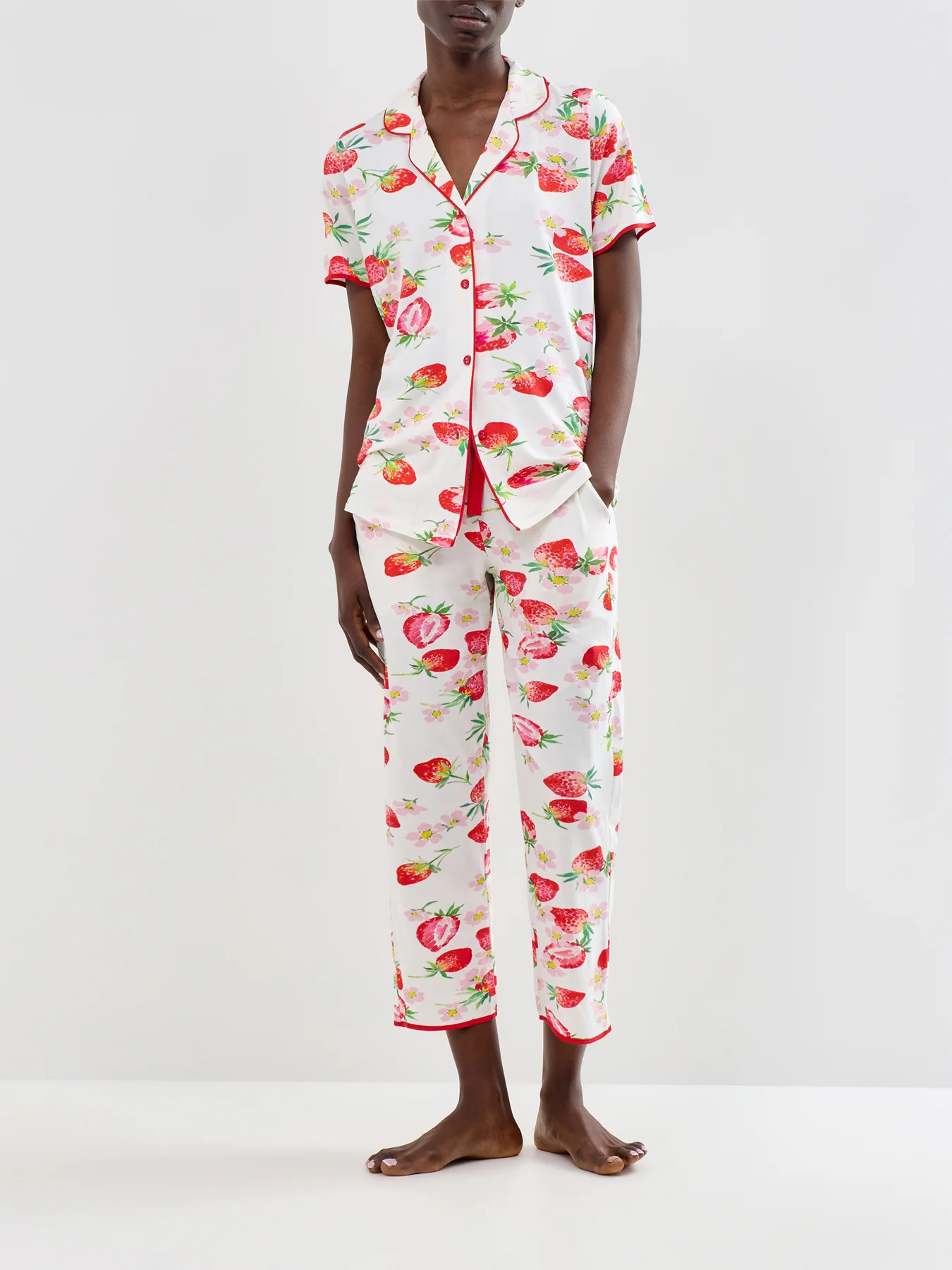 Strawberry Print Cropped Pyjama Bottoms Red - Image 2