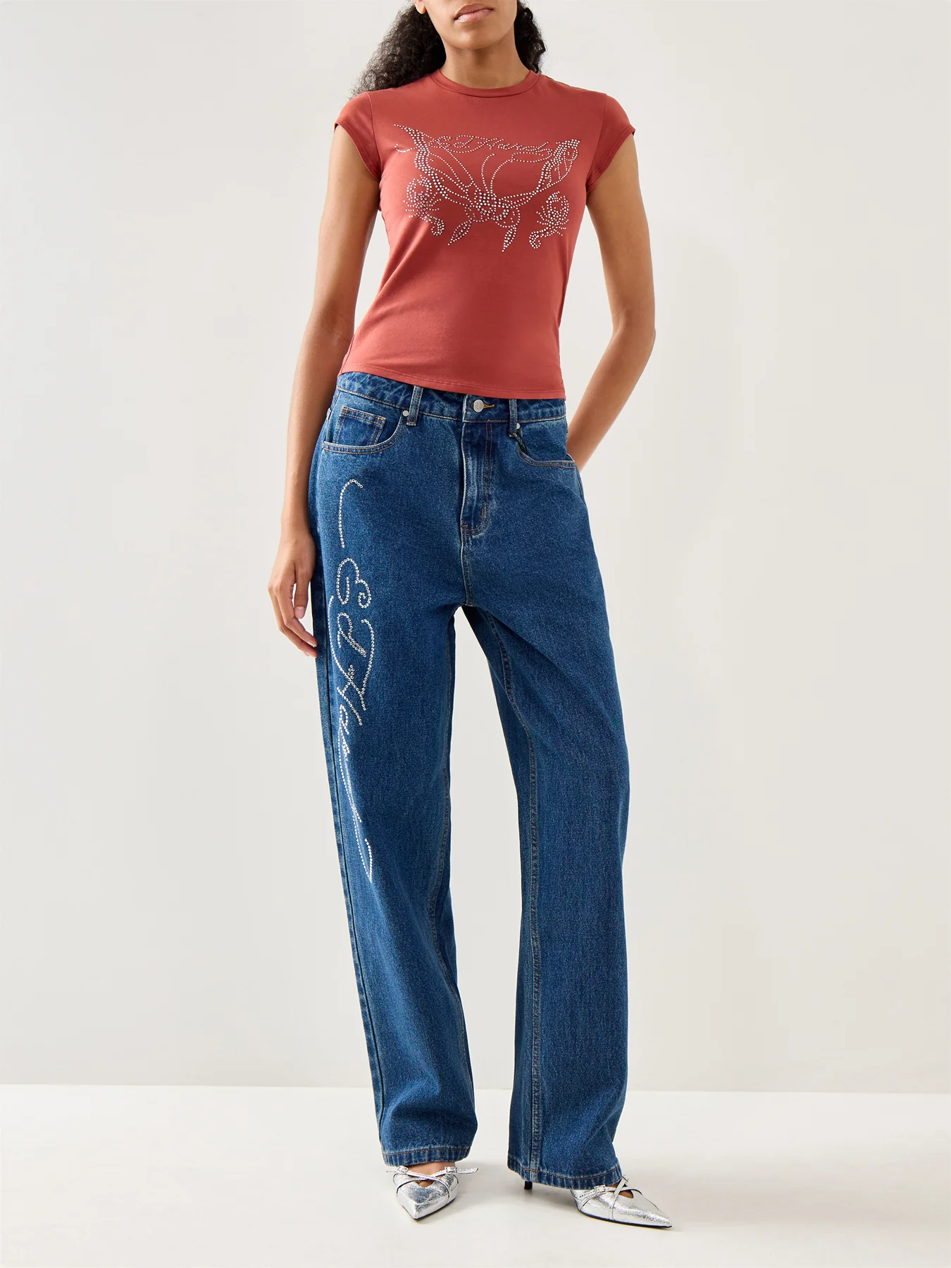 Butterfly Diamante Cap Sleeve T-Shirt Top Red - Image 2