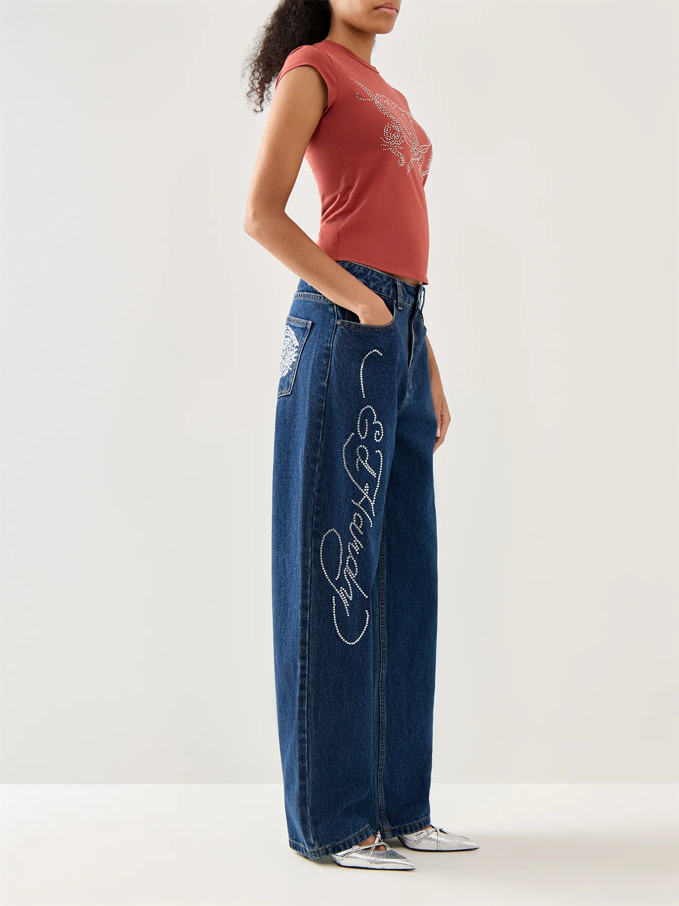 Crystal Roar Diamante Relaxed Denim Trousers Jeans Indigo - Image 2