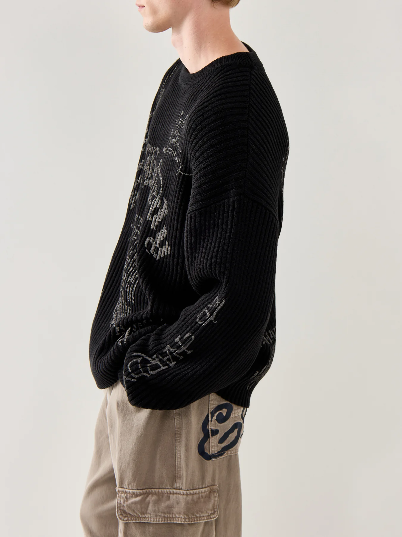 Mens Gothic Ribbed Knitted Crew Jumper Black - Image 3