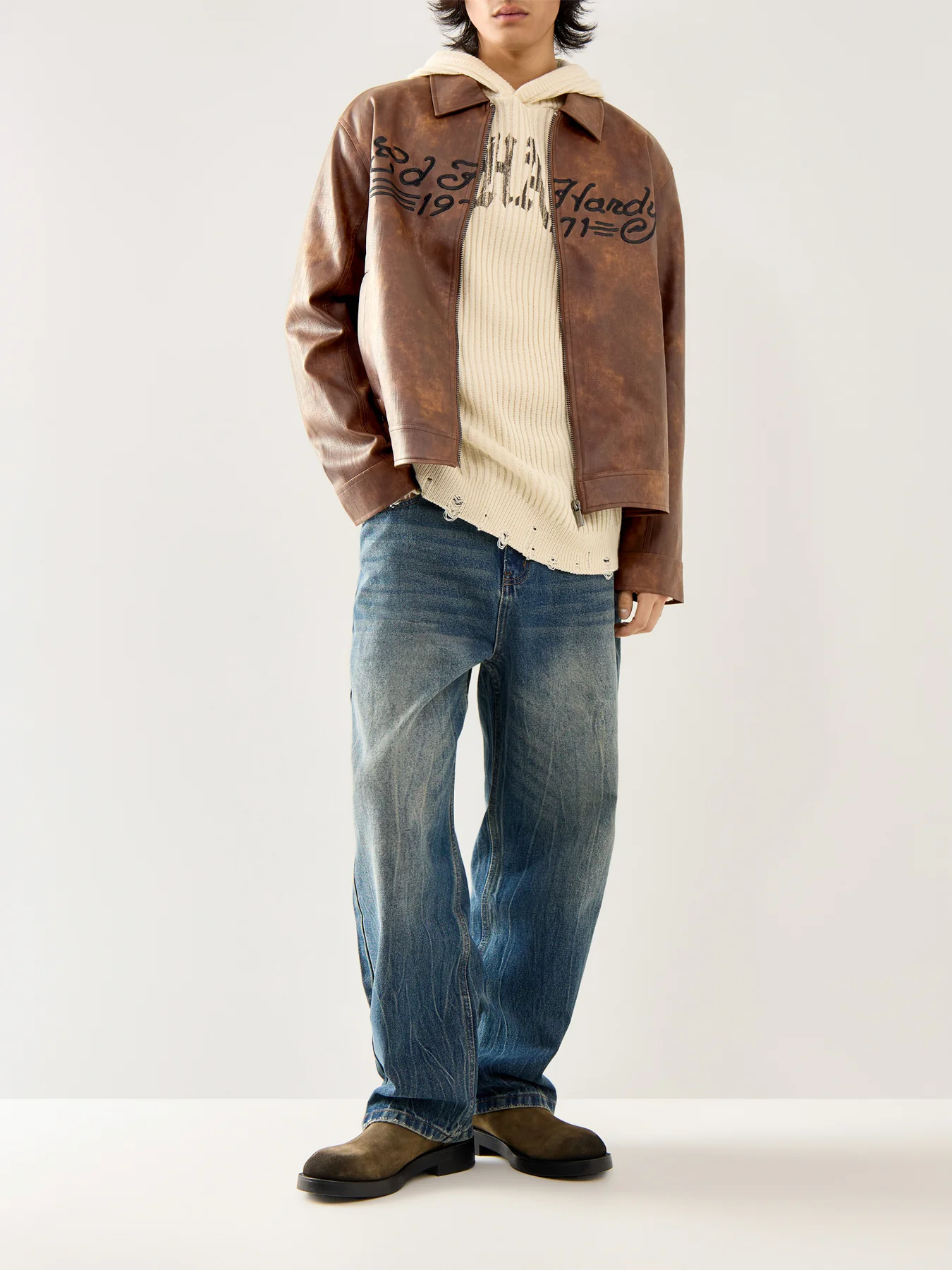 Vegan Leather Zip Jacket Brown - Image 2