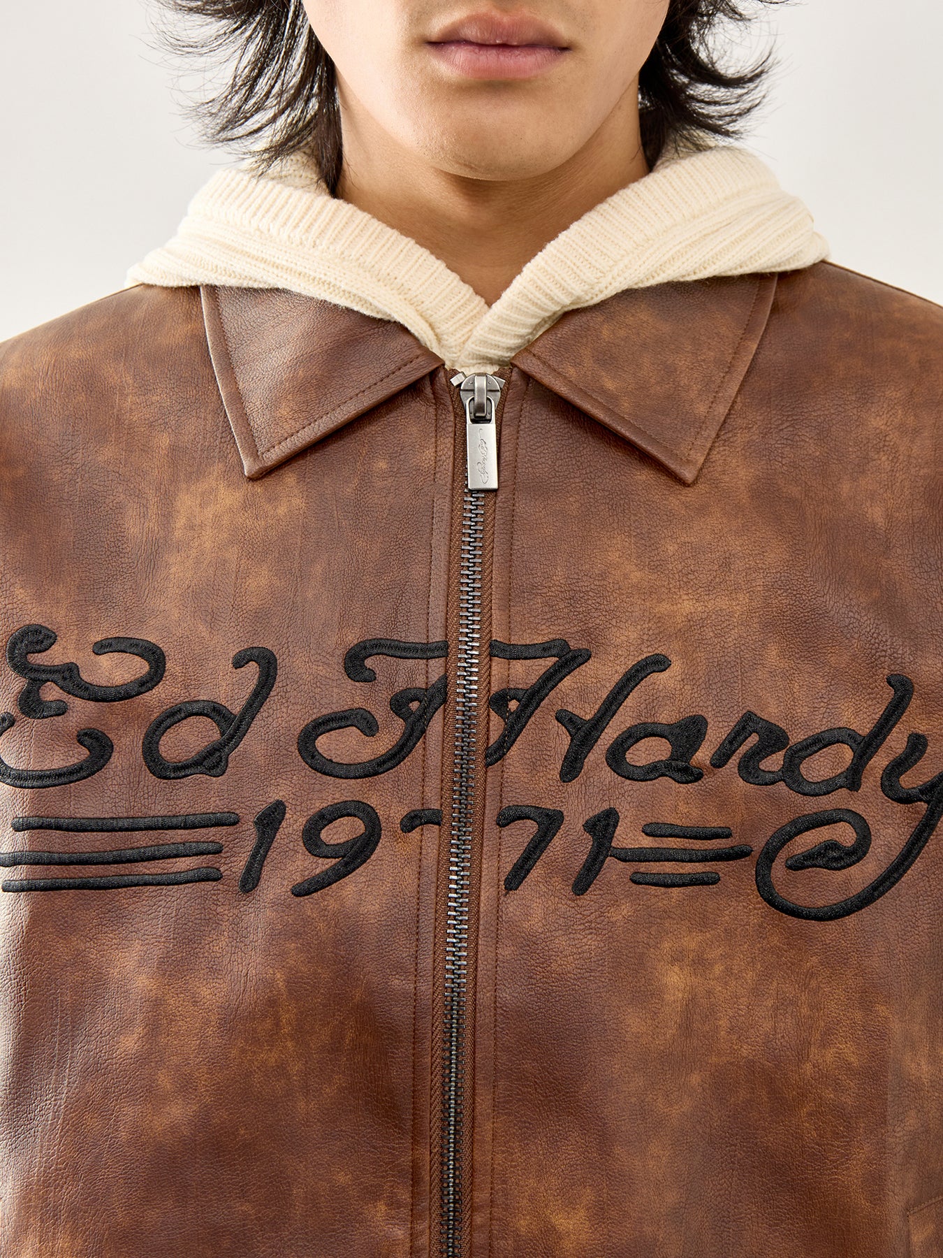 Vegan Leather Zip Jacket Brown - Image 3