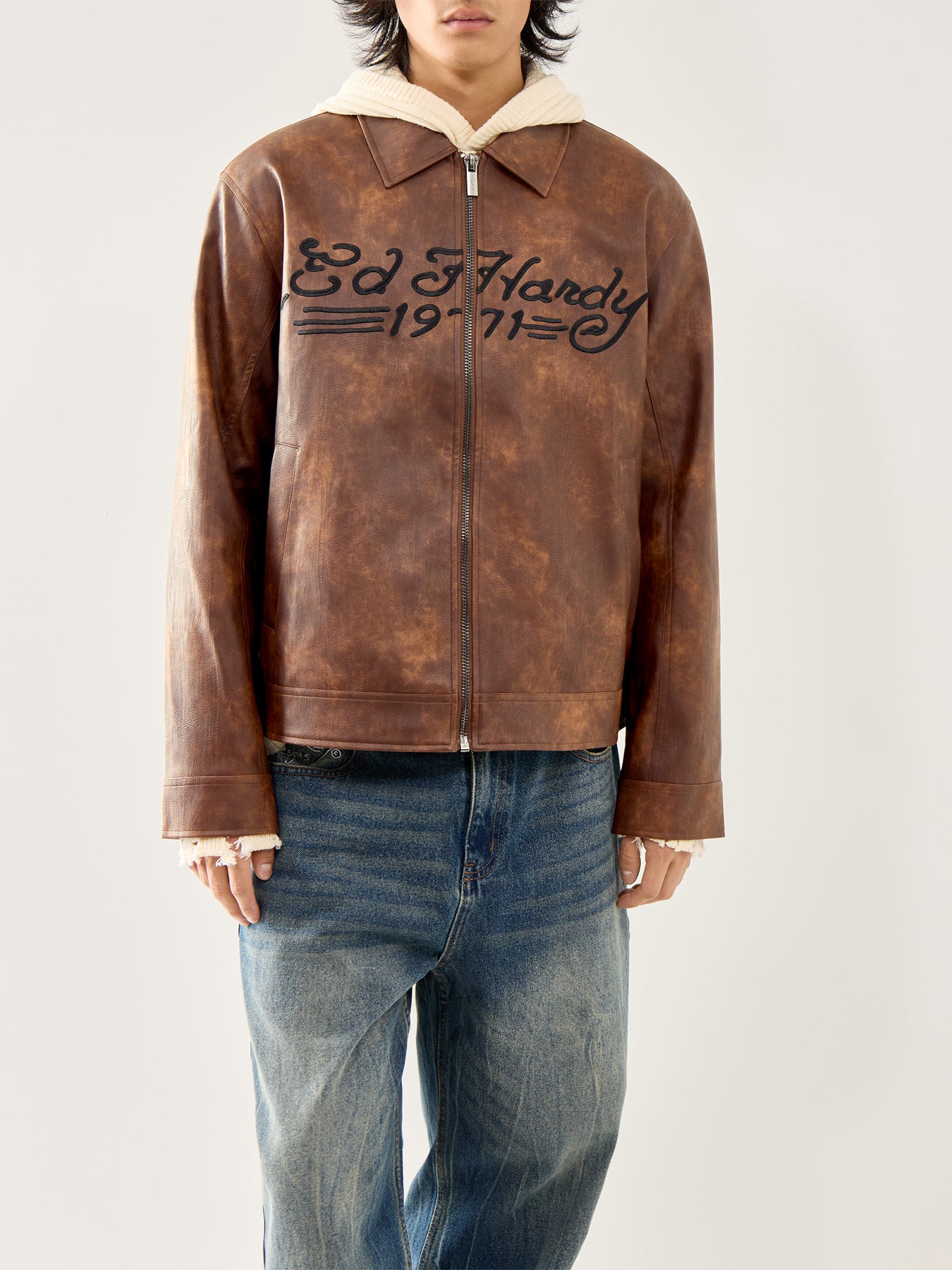 Vegan Leather Zip Jacket Brown - Image 4