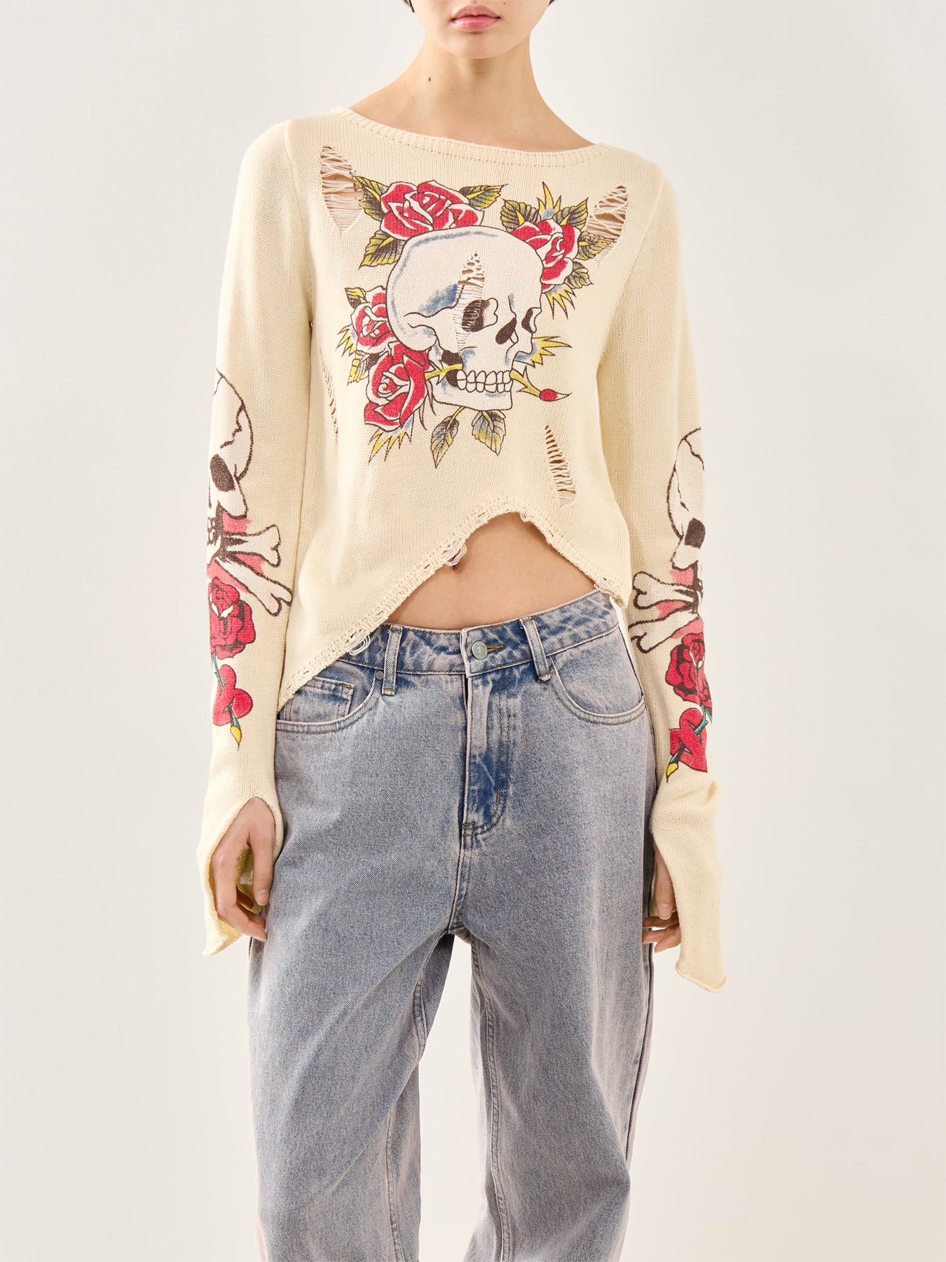 Skull And Roses Distressed Knit Ecru - Image 4