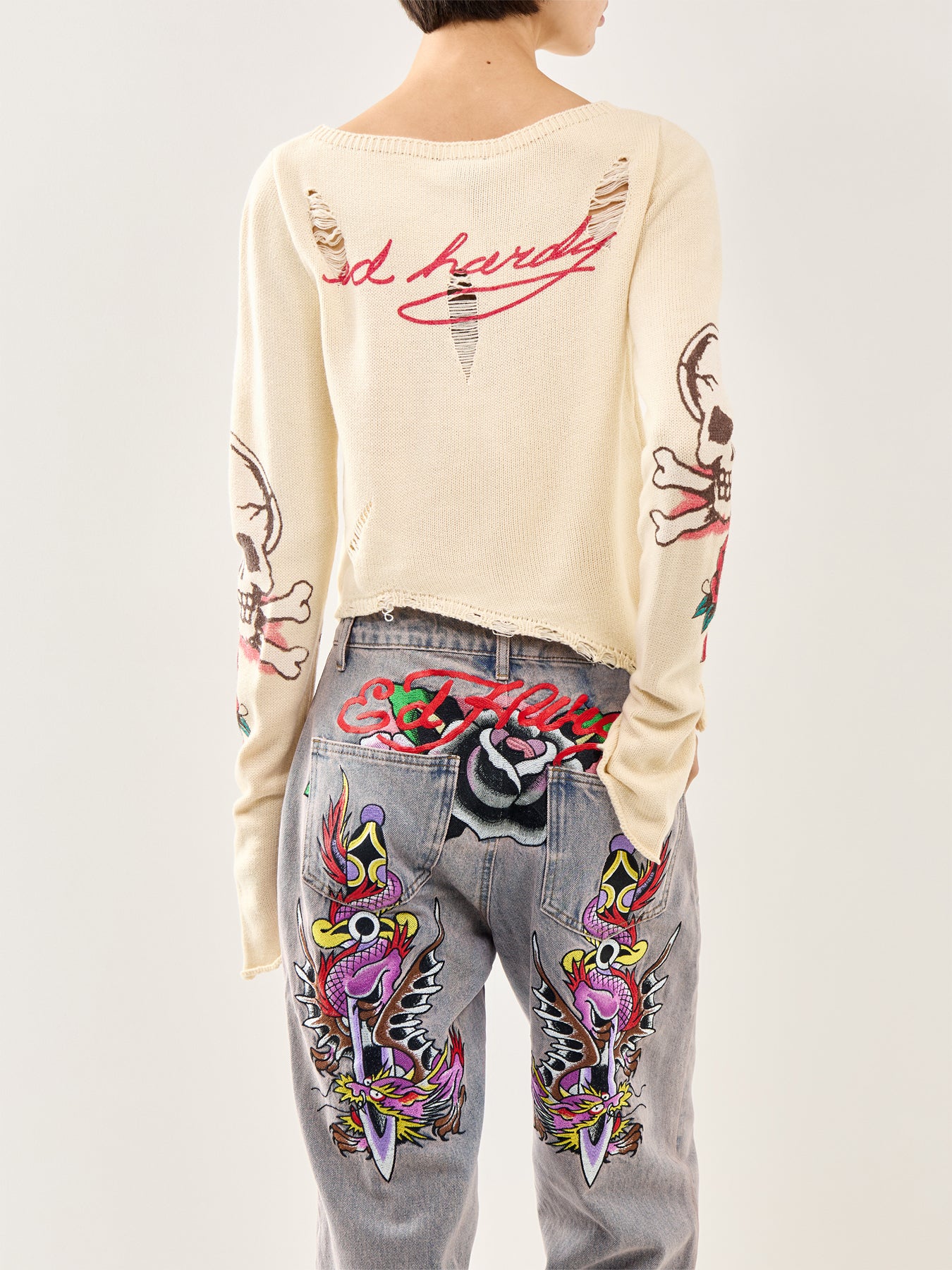 Skull And Roses Distressed Knit Ecru - Image 5
