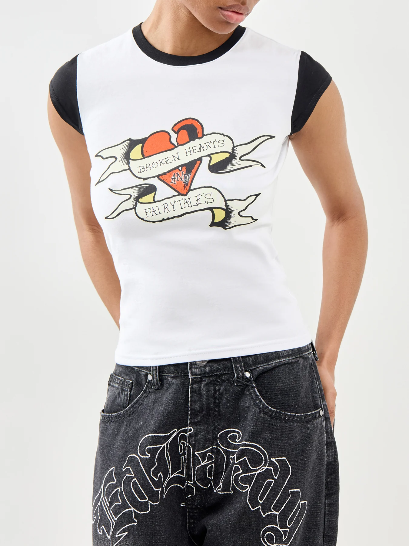 Broken Hearts Contrast Baby Tee White - Image 4