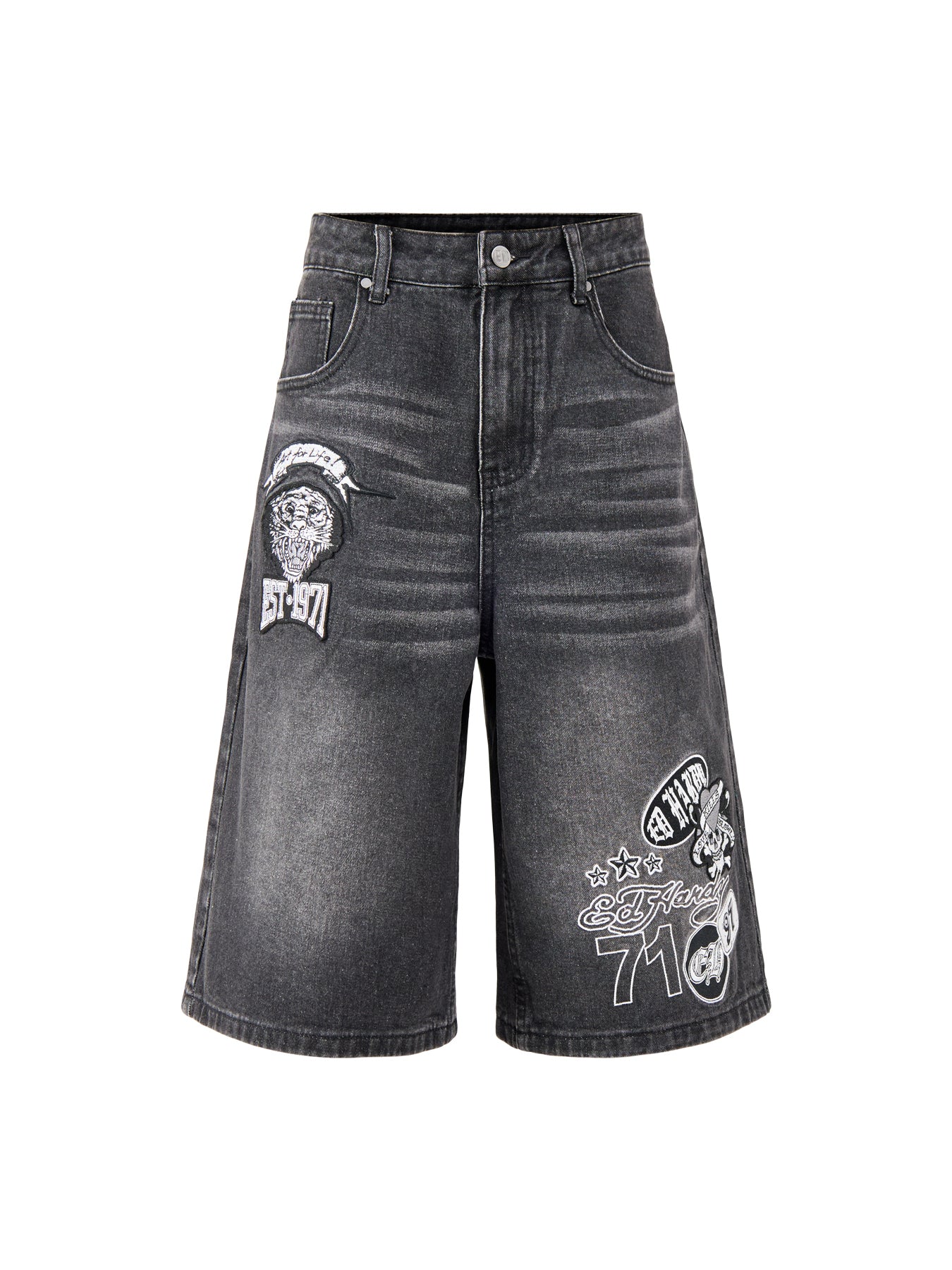 Multi Badge Tattoo Denim Jorts Black