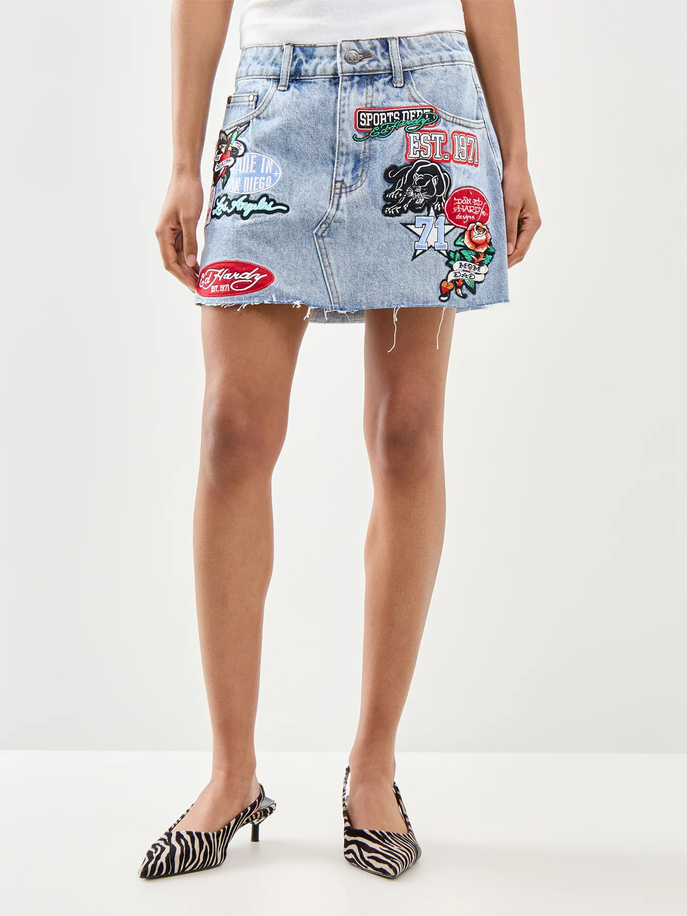 Multi Badge Tattoo Denim Mini Skirt Blue - Image 4