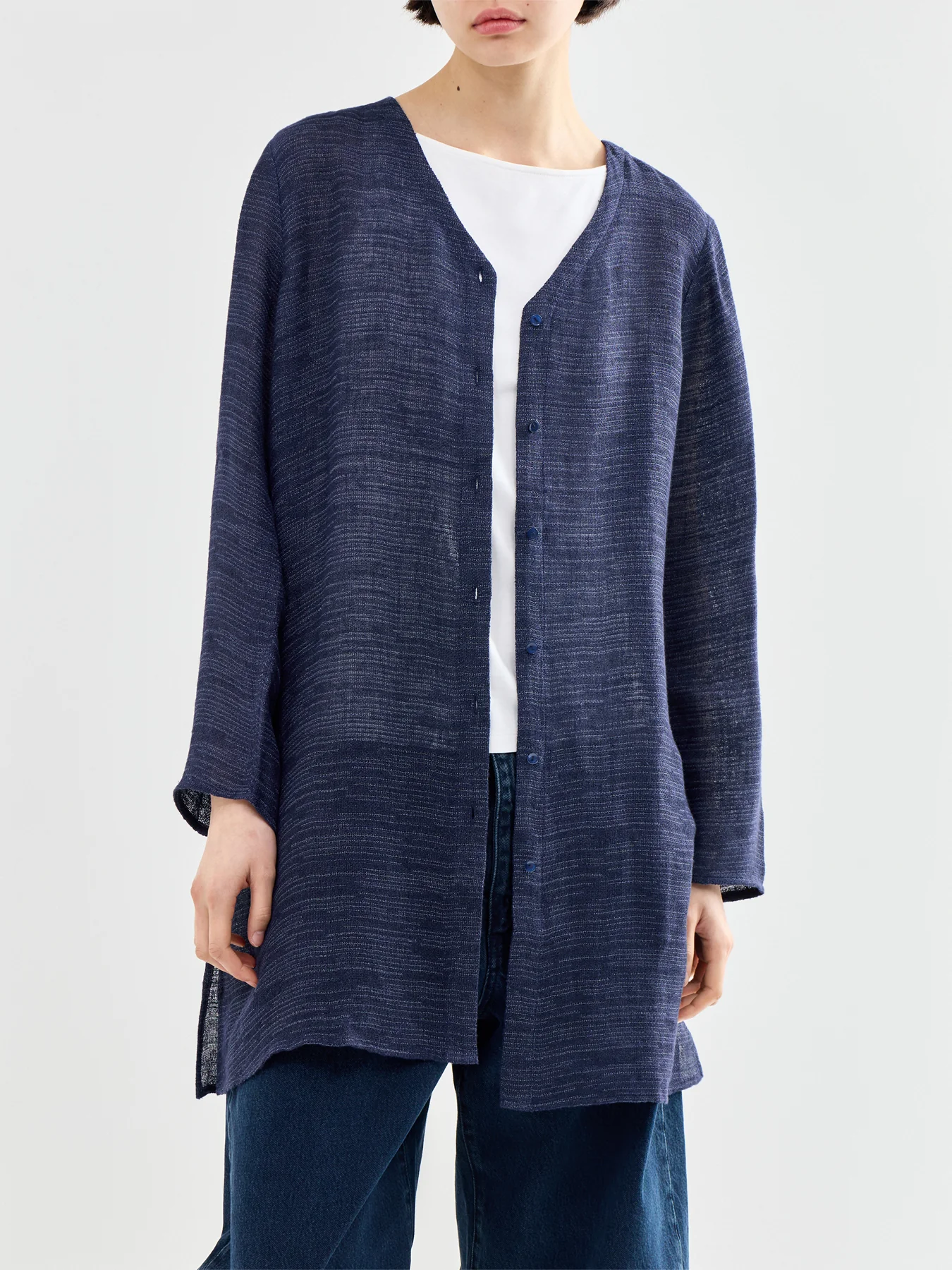 V-Neck Long Linen Shirt Navy - Image 4