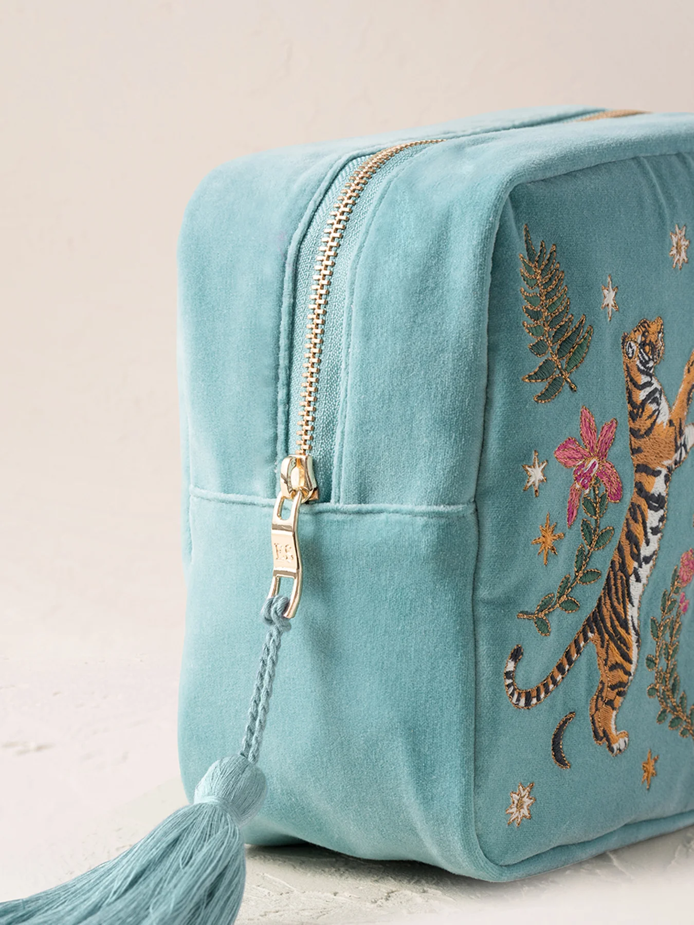 Celestial Tigers Velvet Wash Bag Dusky Teal - Image 3