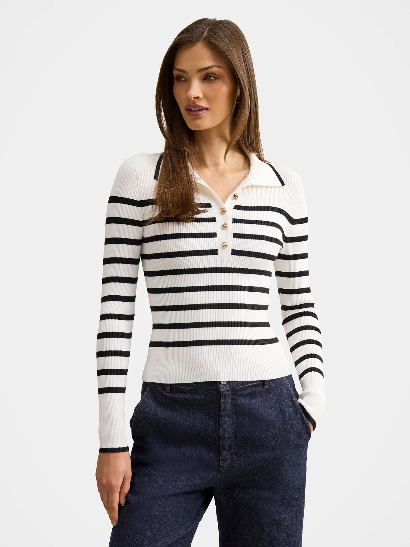 Sasha Ribbed Knitted Polo T-shirt Mono Stripe - Image 4