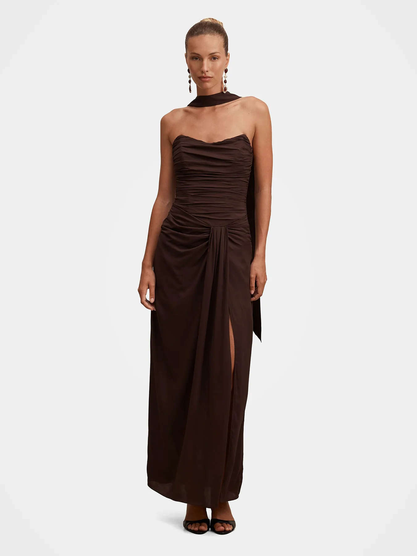 Arli Strapless Ruched Maxi Dress Brown - Image 2