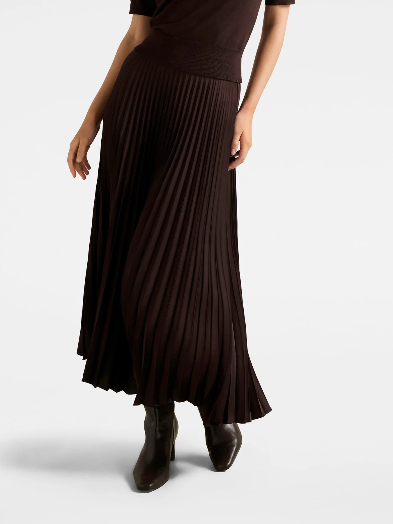 Estelle Satin Pleated Midi Skirt Chocolate - Image 4