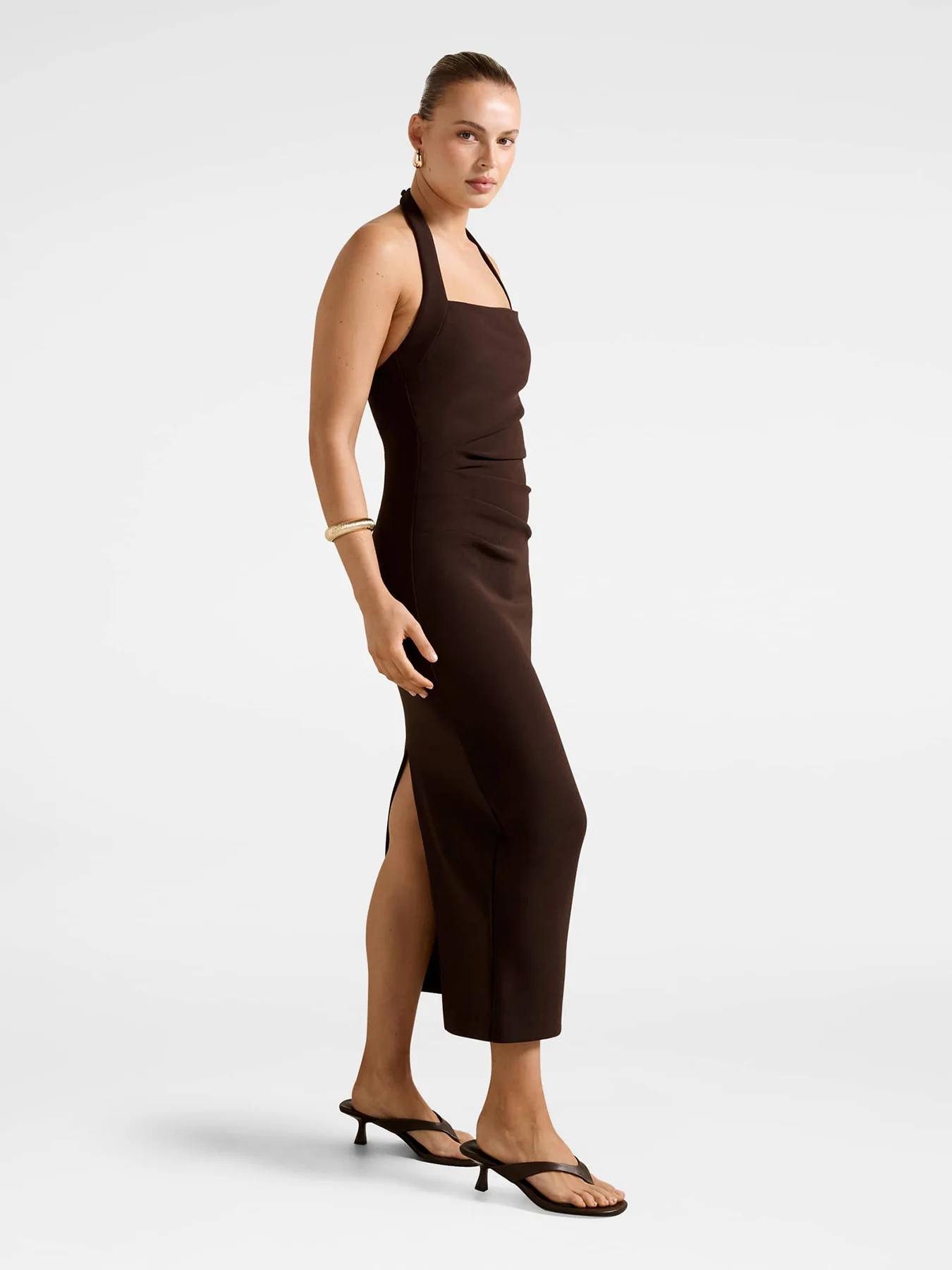 Georgie Halter Neck Ruched Bodycon Dress Brown - Image 3