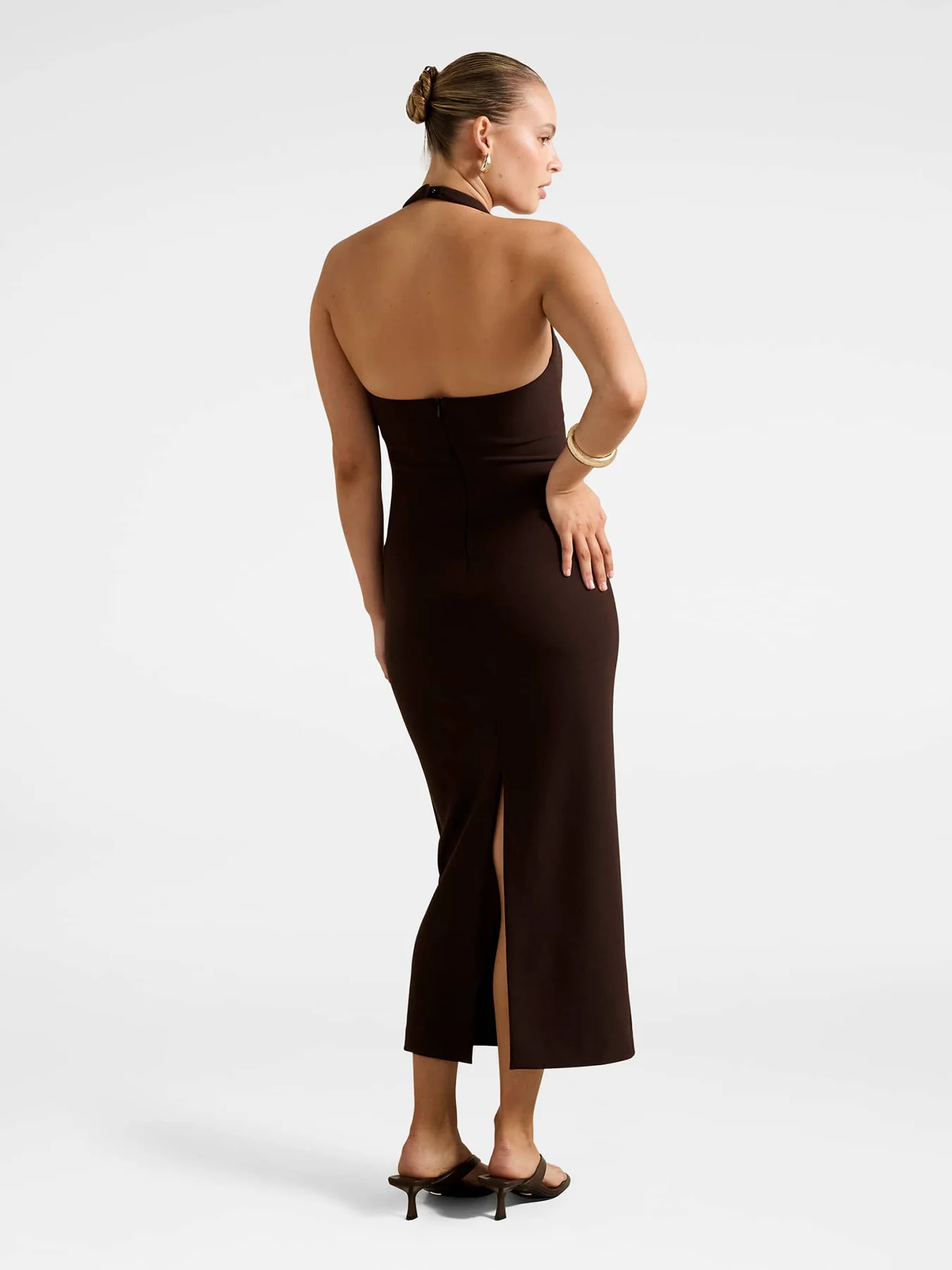 Georgie Halter Neck Ruched Bodycon Dress Brown - Image 5