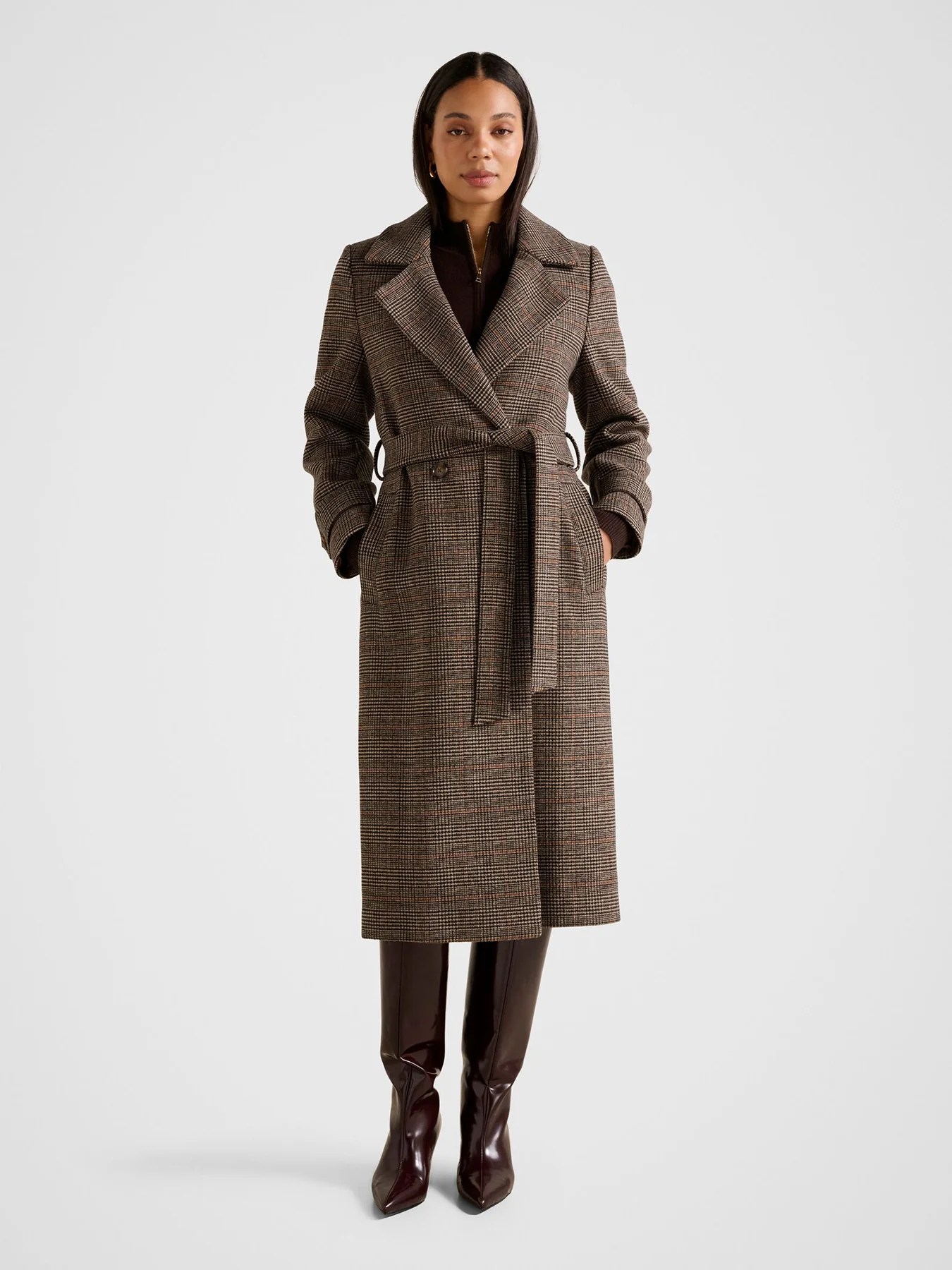 Luccia Belted Check Coat Brown - Image 2