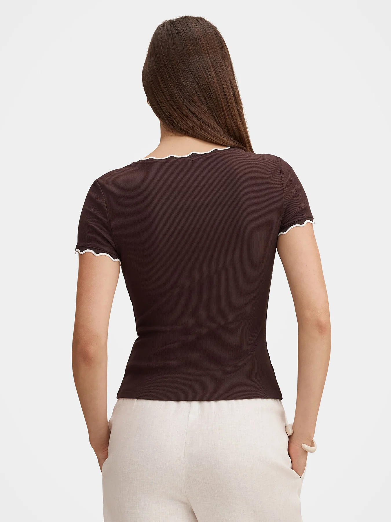 Rebecca Scallop Trim T-Shirt Brown - Image 3
