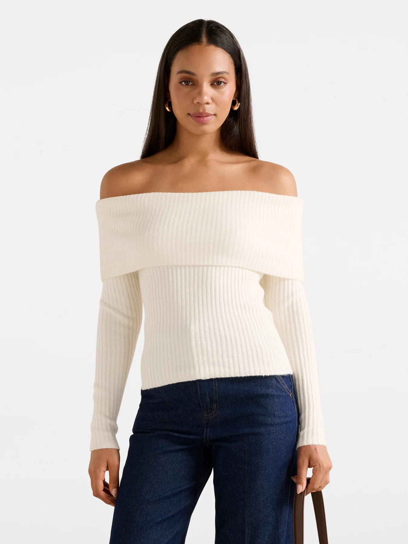 Ashley Ribbed Bardot Top Beige - Image 4