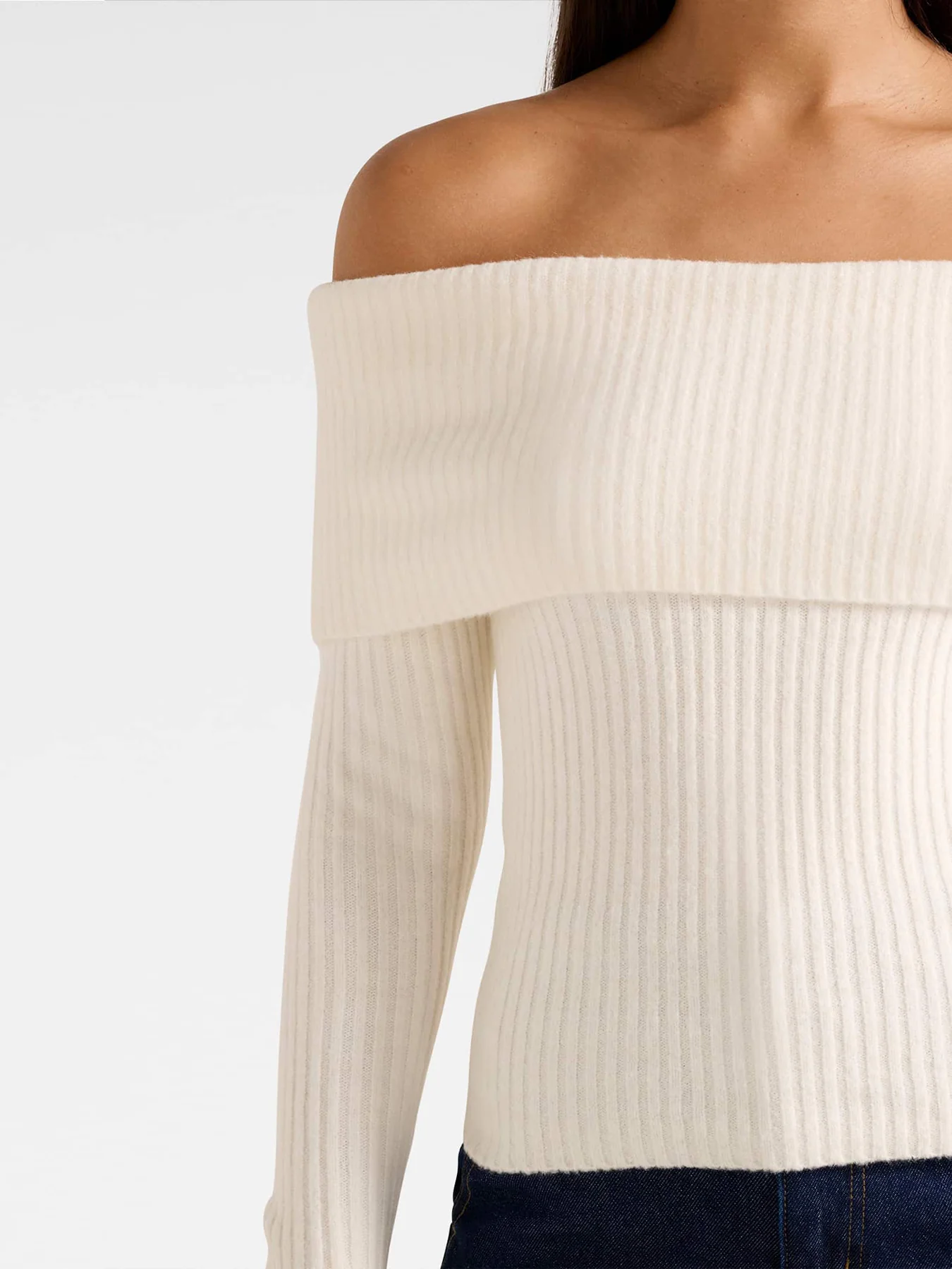 Ashley Ribbed Bardot Top Beige - Image 5