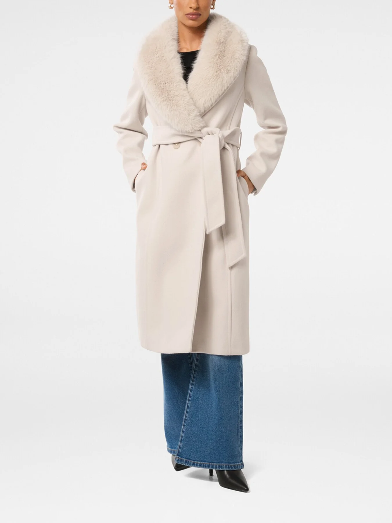 Monica Petite Faux Fur Collared Wrap Coat - Image 2