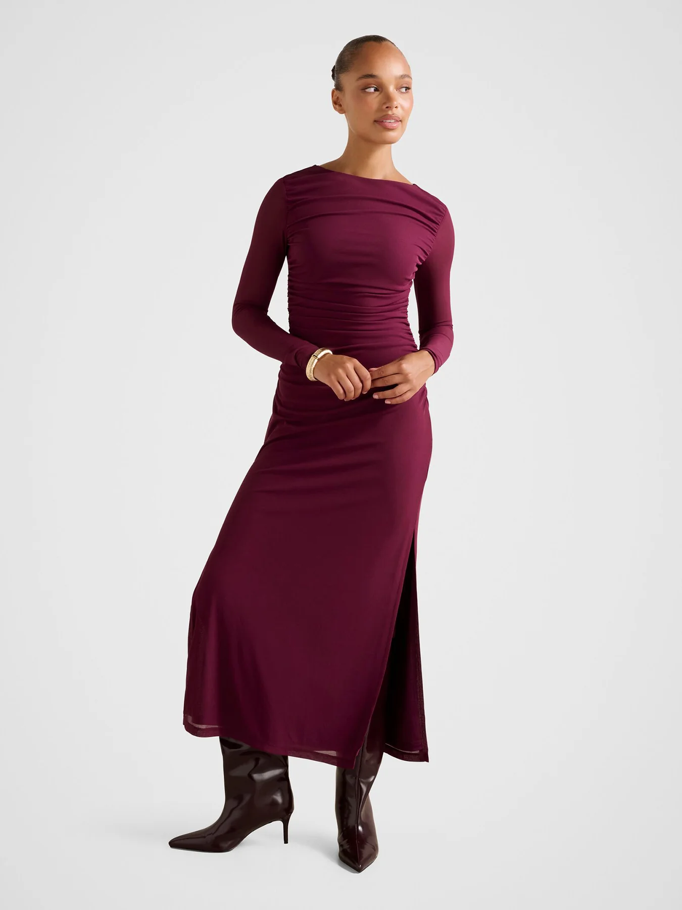 Brittany Gathered Mesh Midi Dress Purple - Image 2