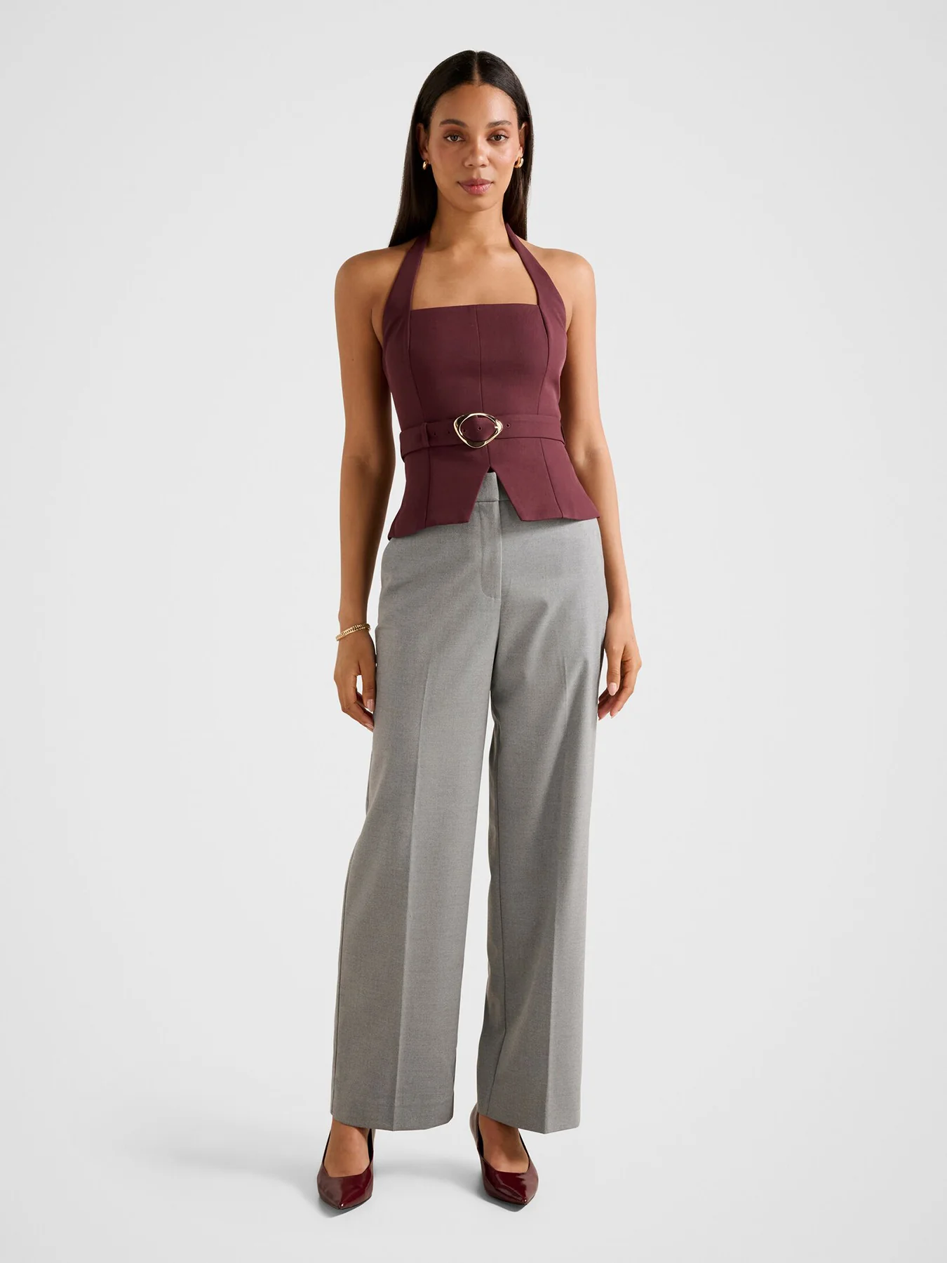 Ellisa Belted Hardware Long Sleeve Top Red - Image 2