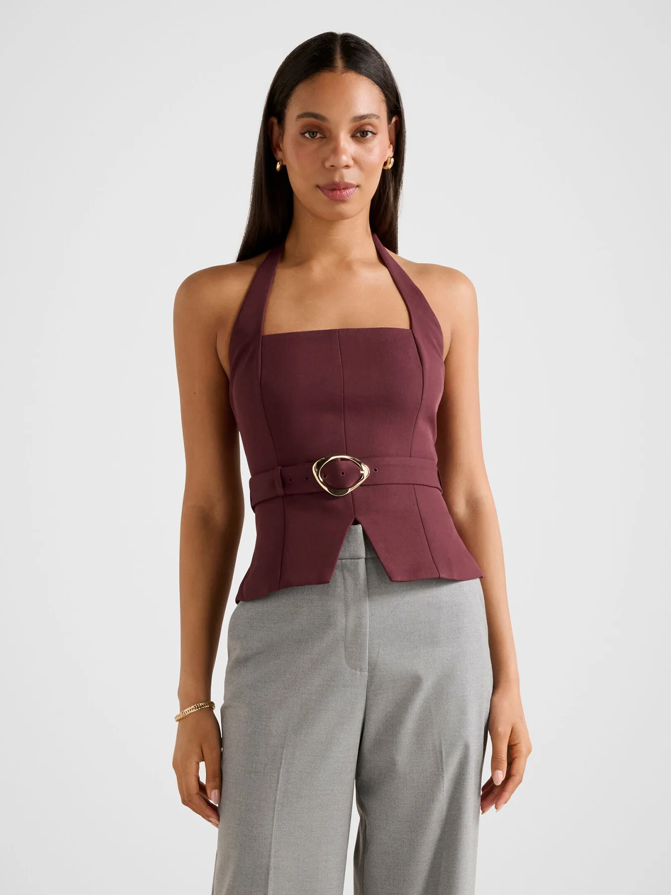 Ellisa Belted Hardware Long Sleeve Top Red - Image 4