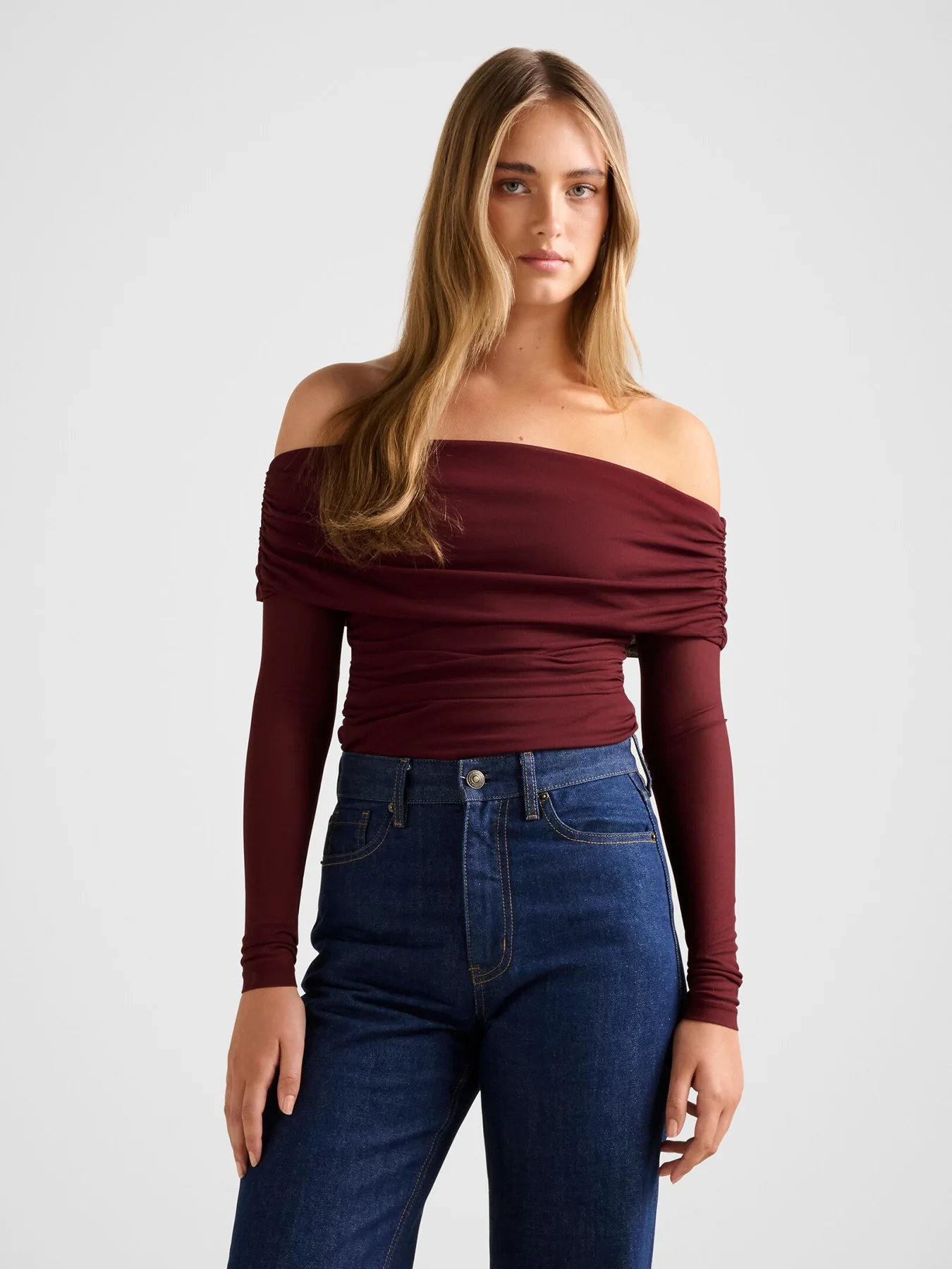 Kaia Ruched Mesh Bardot Neck Top Red - Image 4