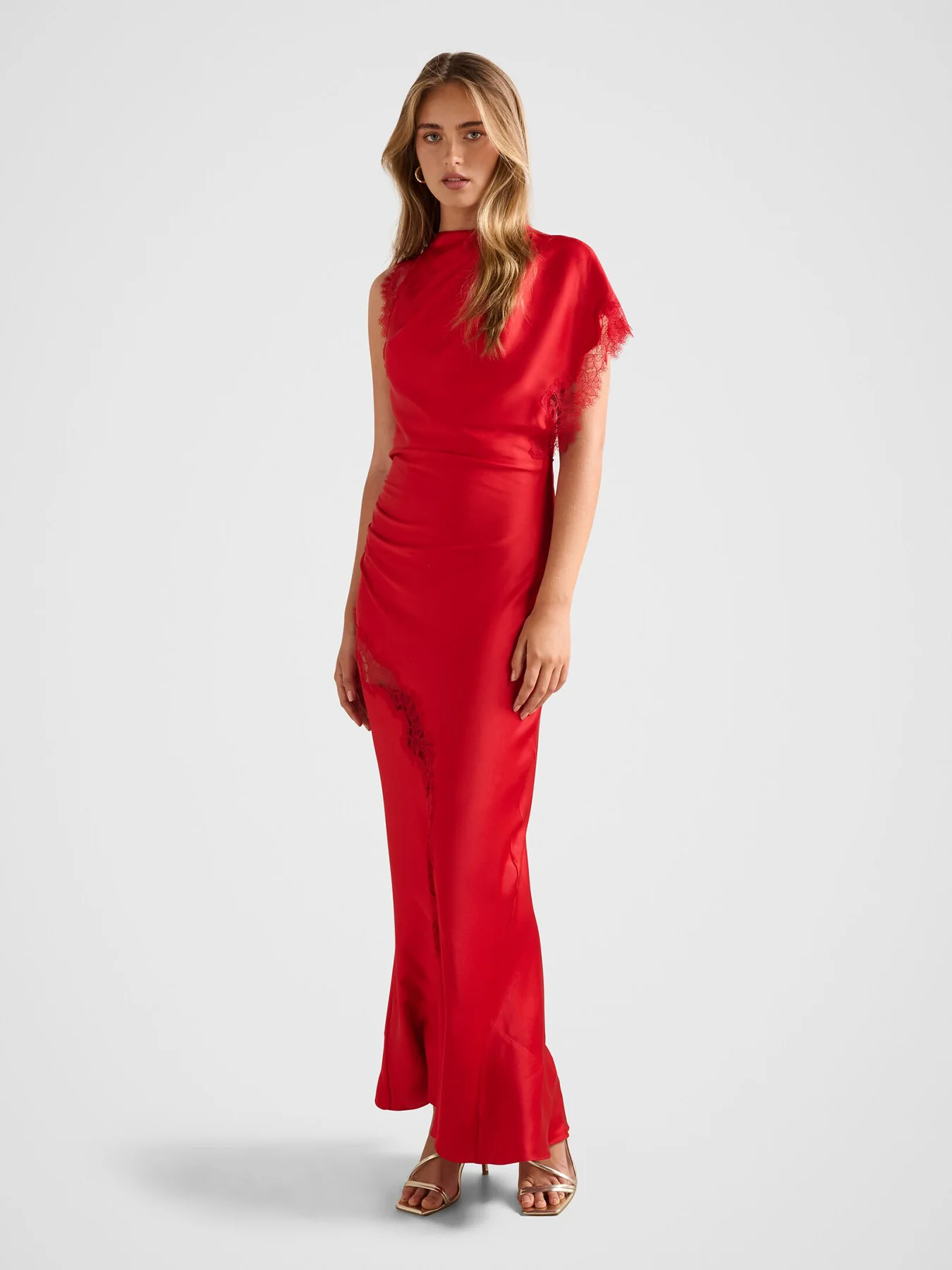 Kody Satin Lace Asymmetric Dress Red - Image 2