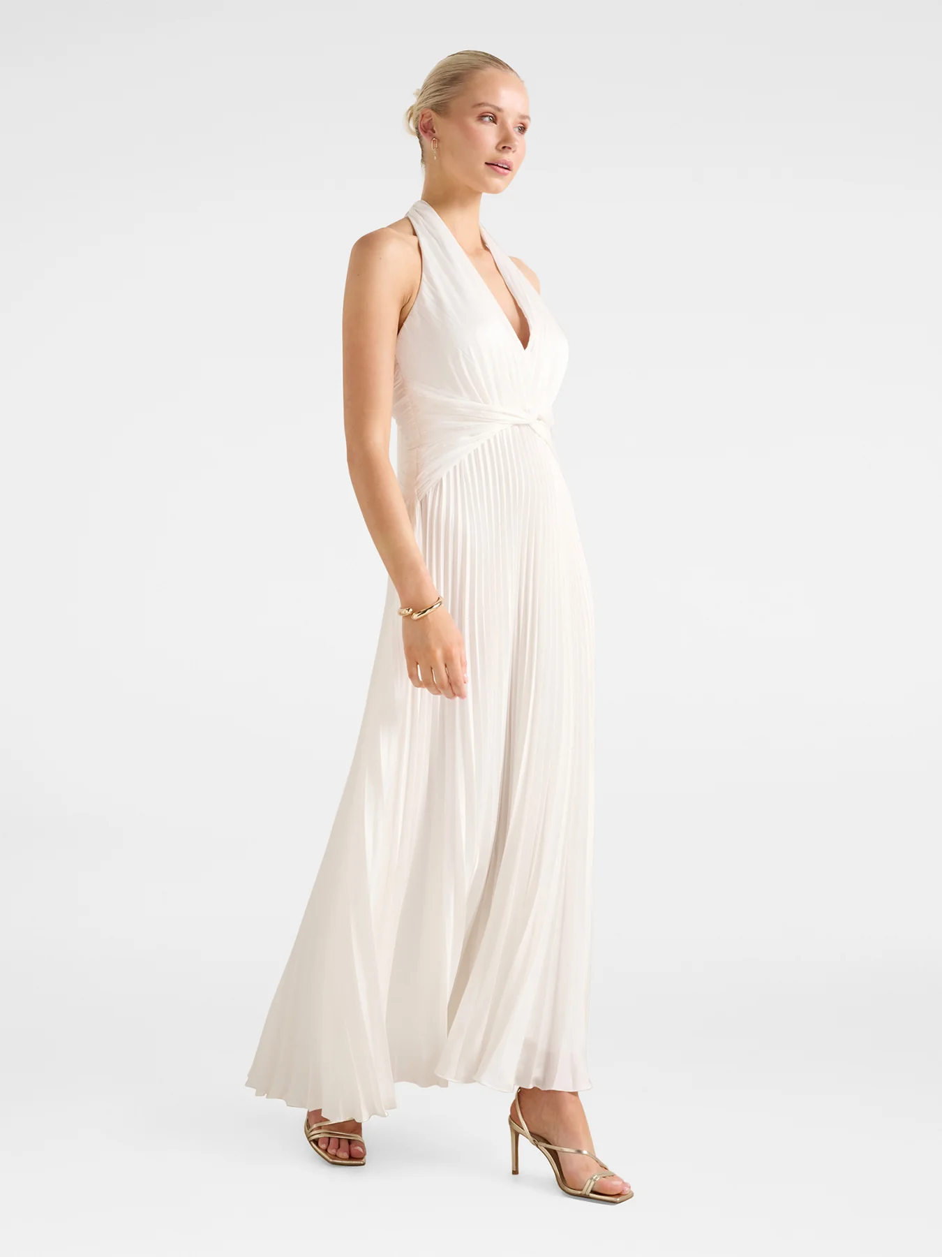 Natasha Pleated Satin Halter Neck Maxi Dress White - Image 4