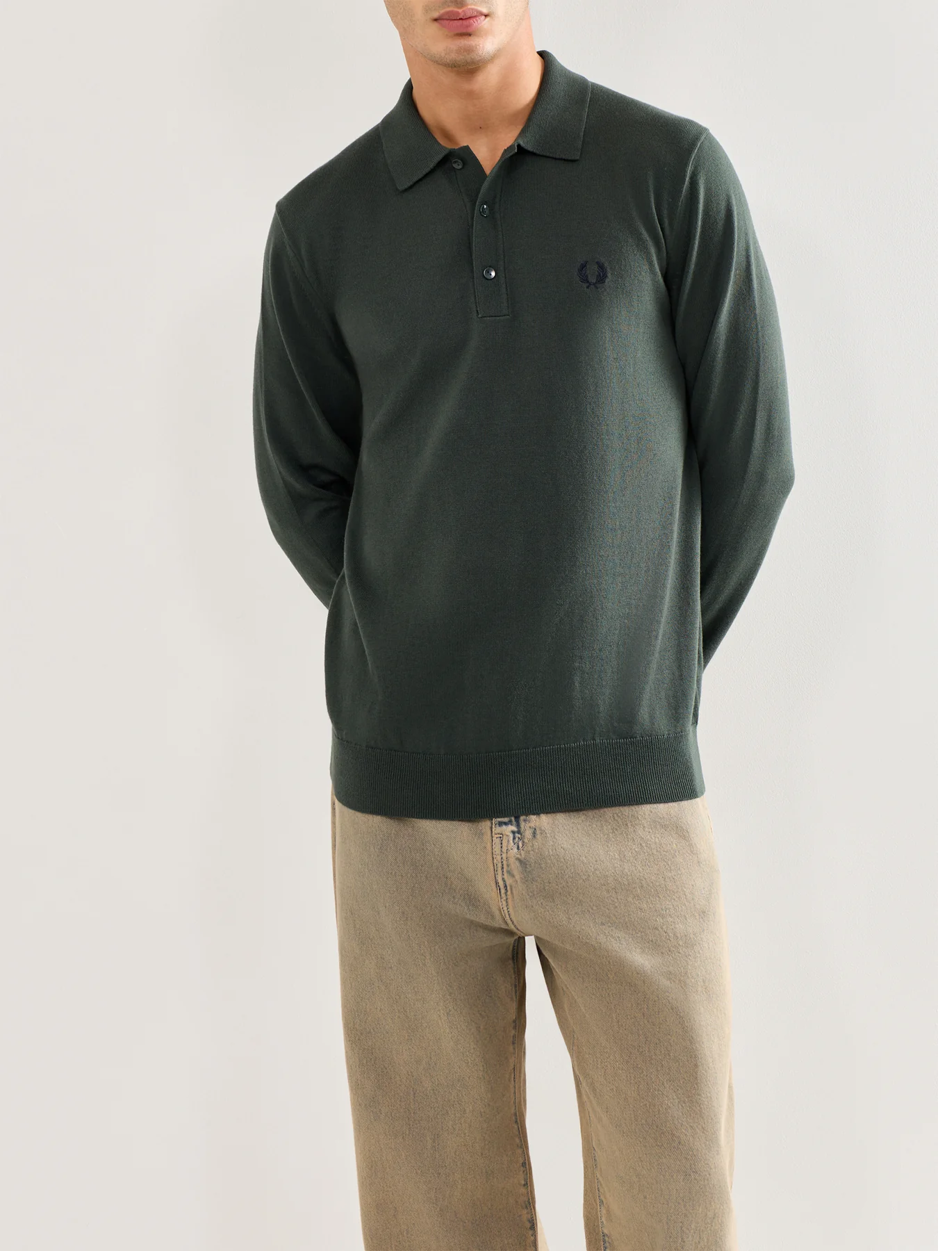 Classic Knitted Long Sleeve Polo Shirt Green - Image 4