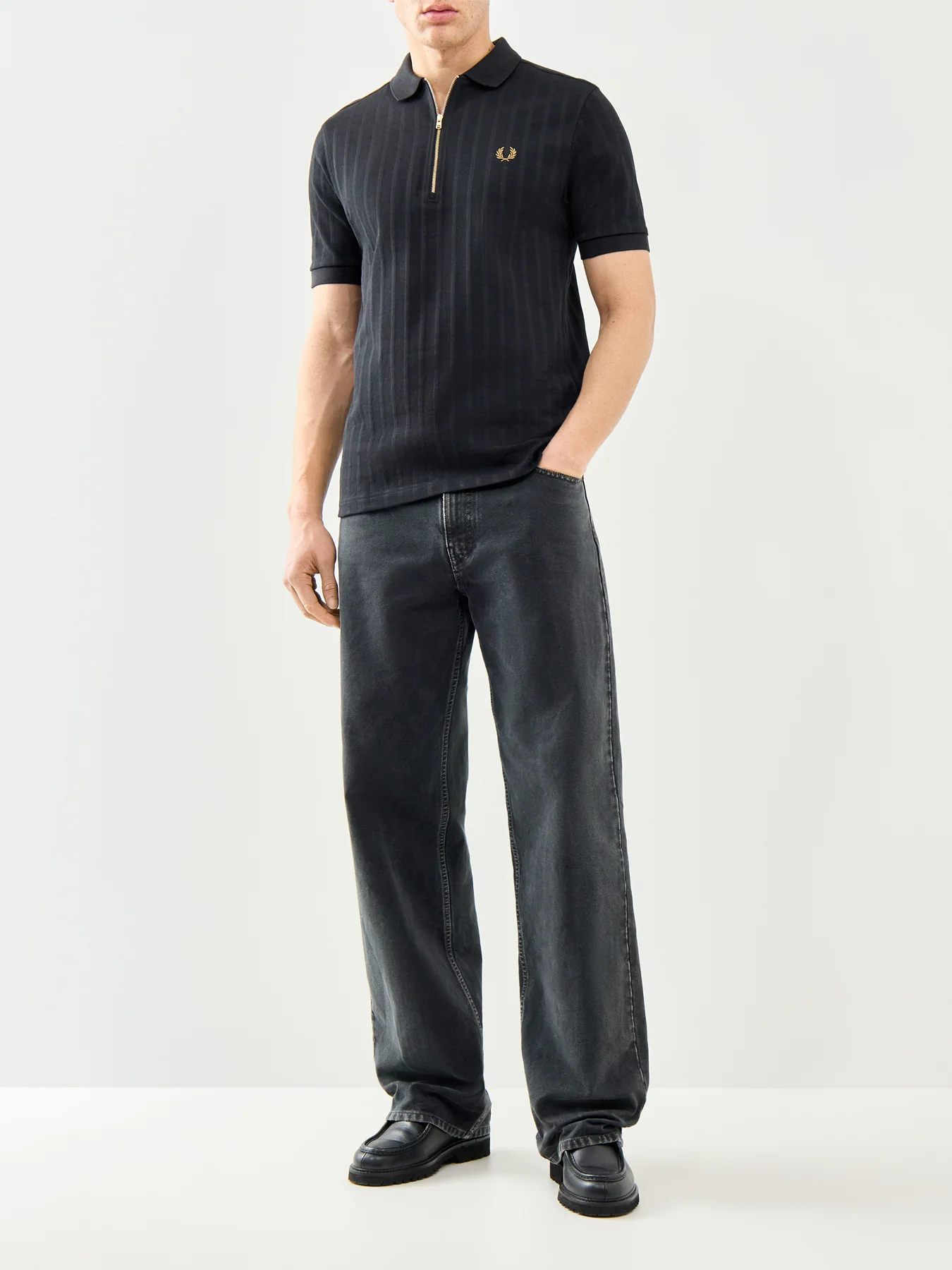 Striped Zip Polo Shirt Black - Image 2