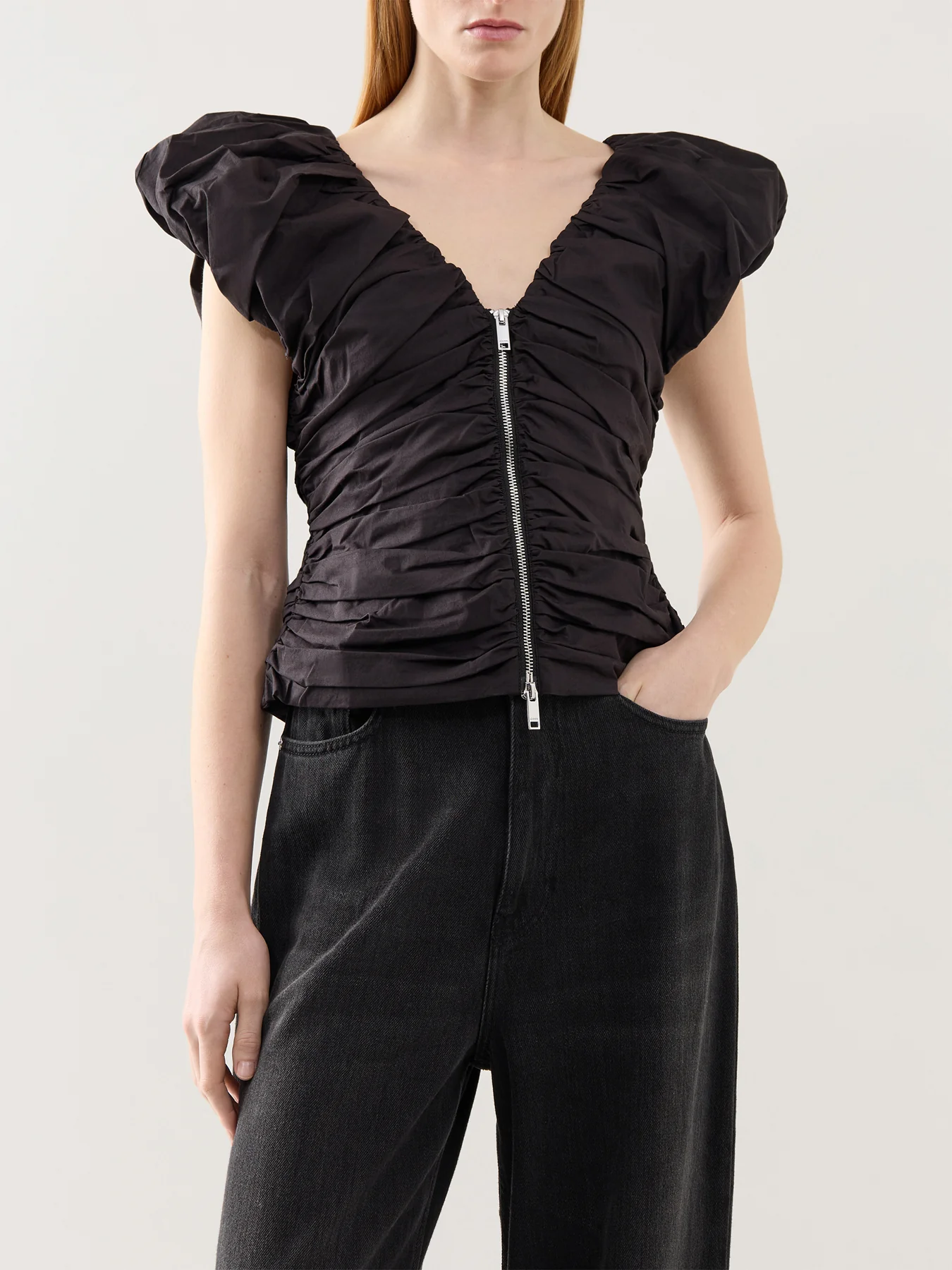Stretch Cotton Ruched Top Black - Image 4