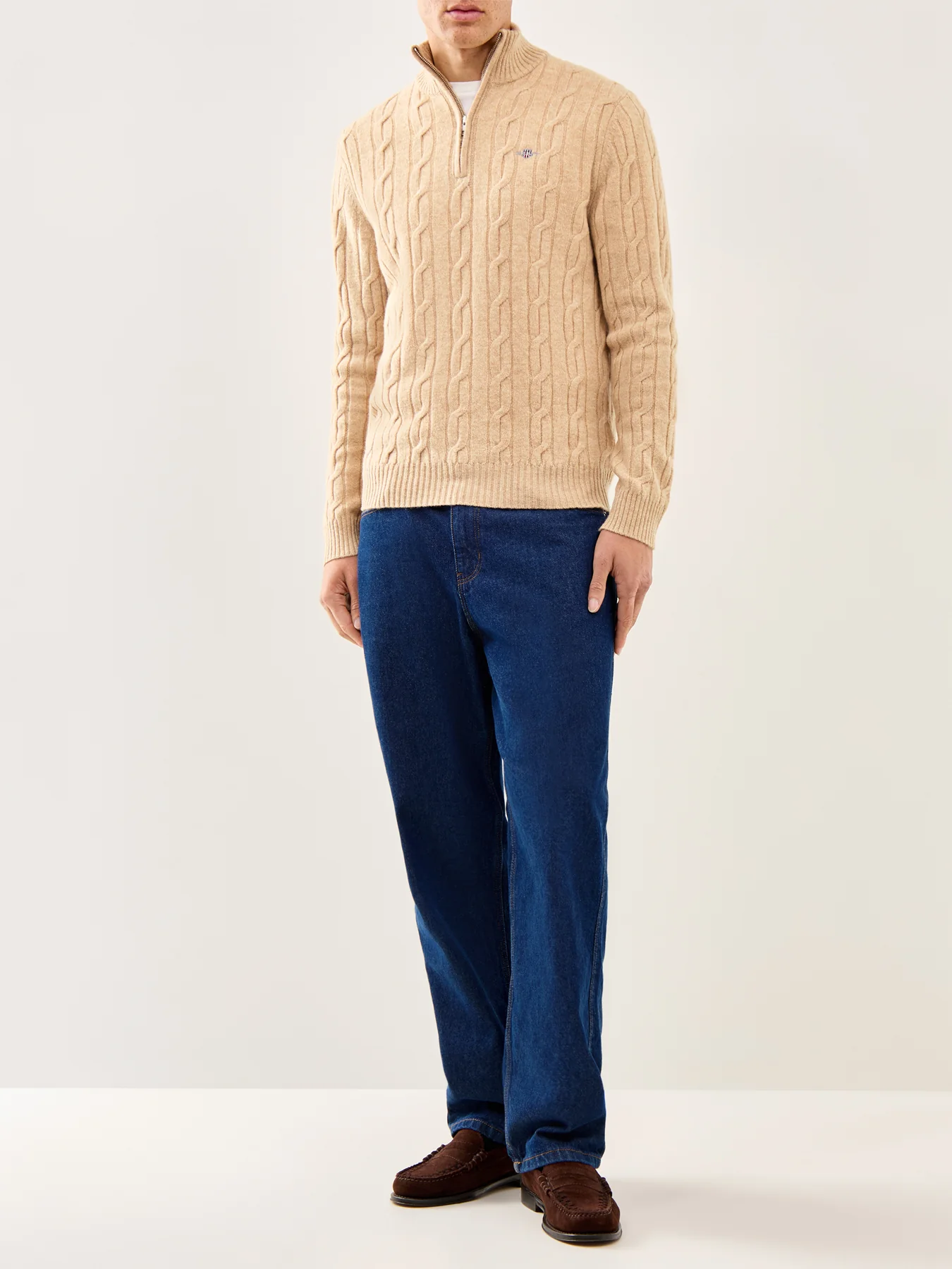 Lambswool Cable Half-Zip Jumper Khaki - Image 2