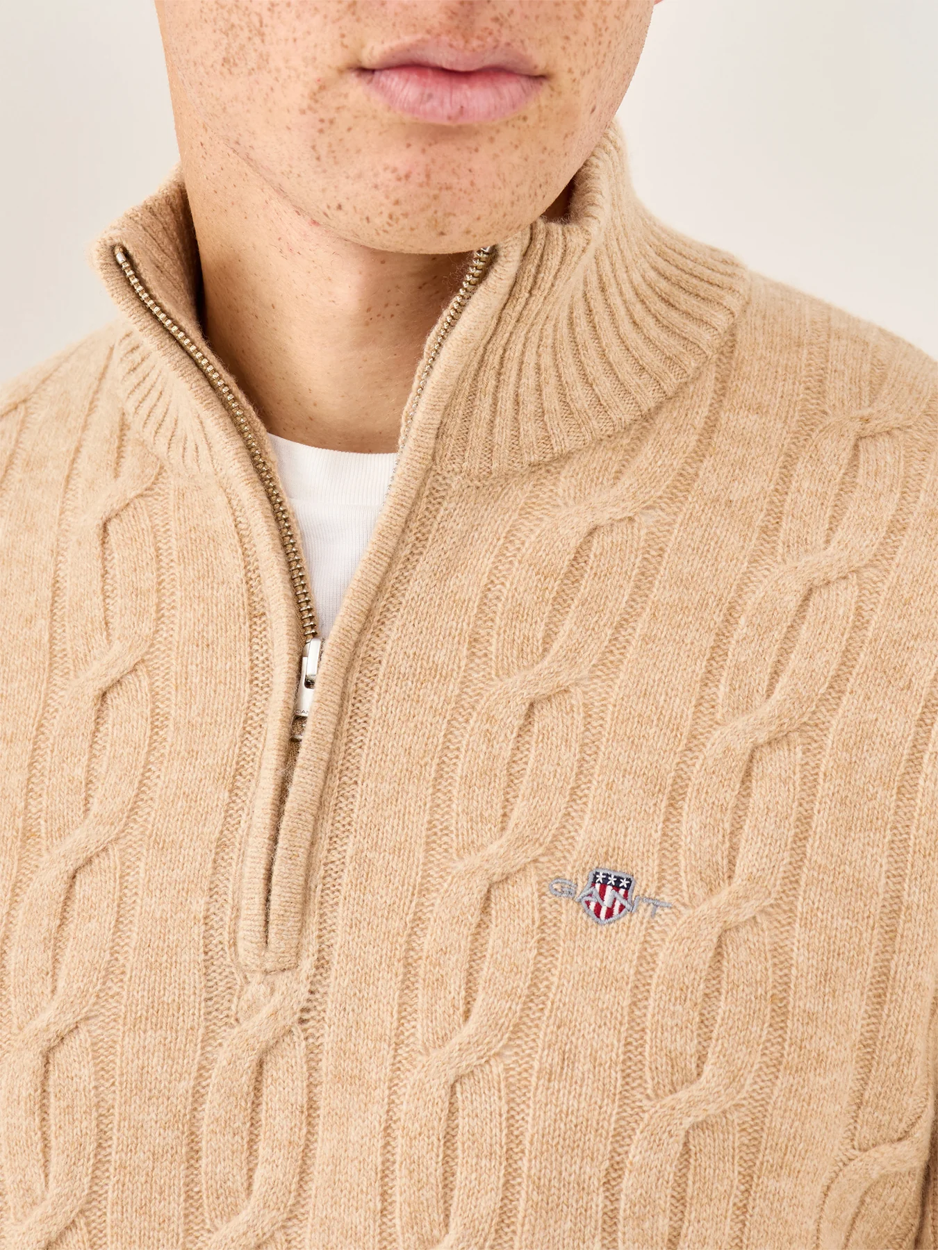 Lambswool Cable Half-Zip Jumper Khaki - Image 3
