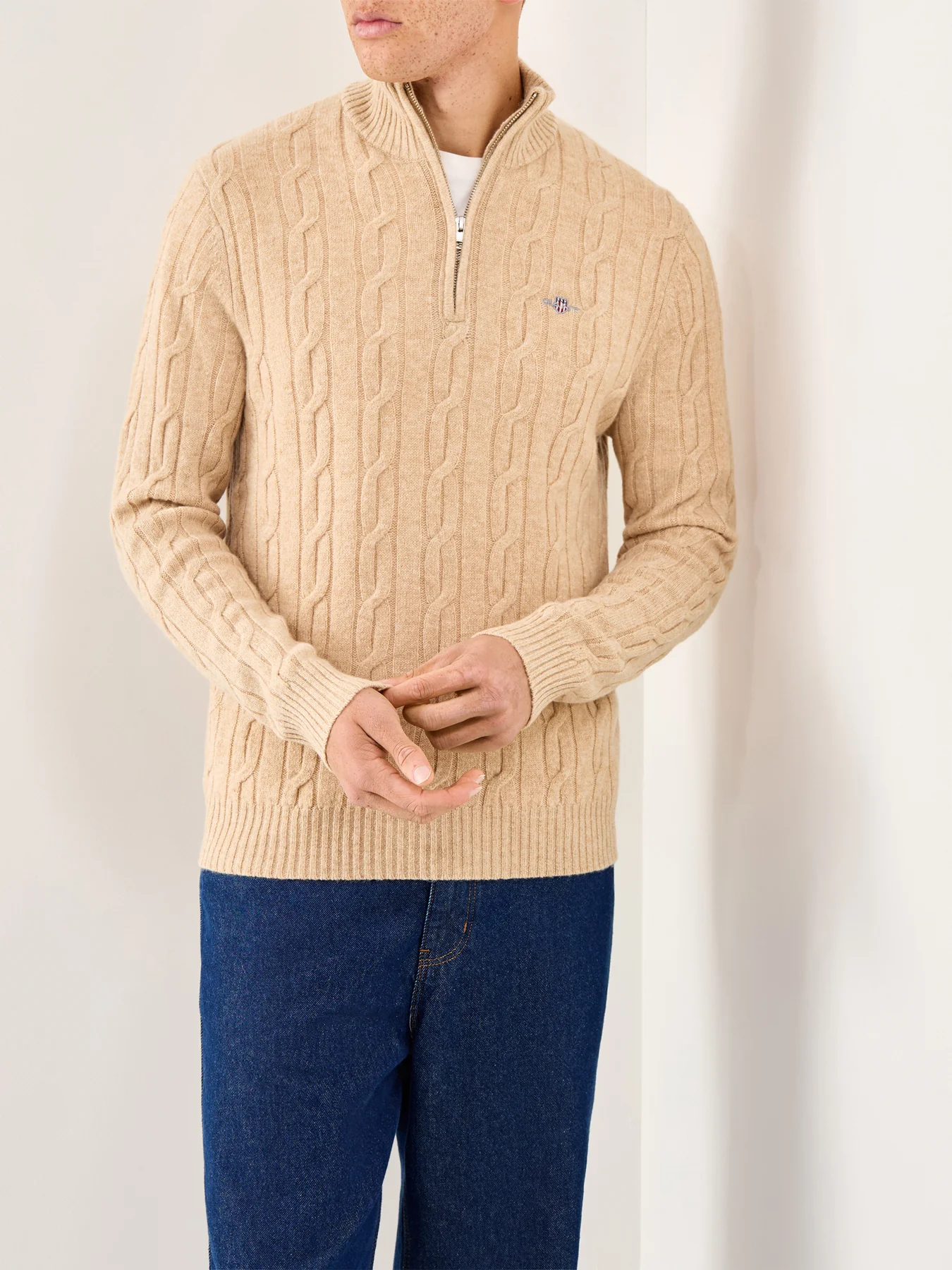 Lambswool Cable Half-Zip Jumper Khaki - Image 4
