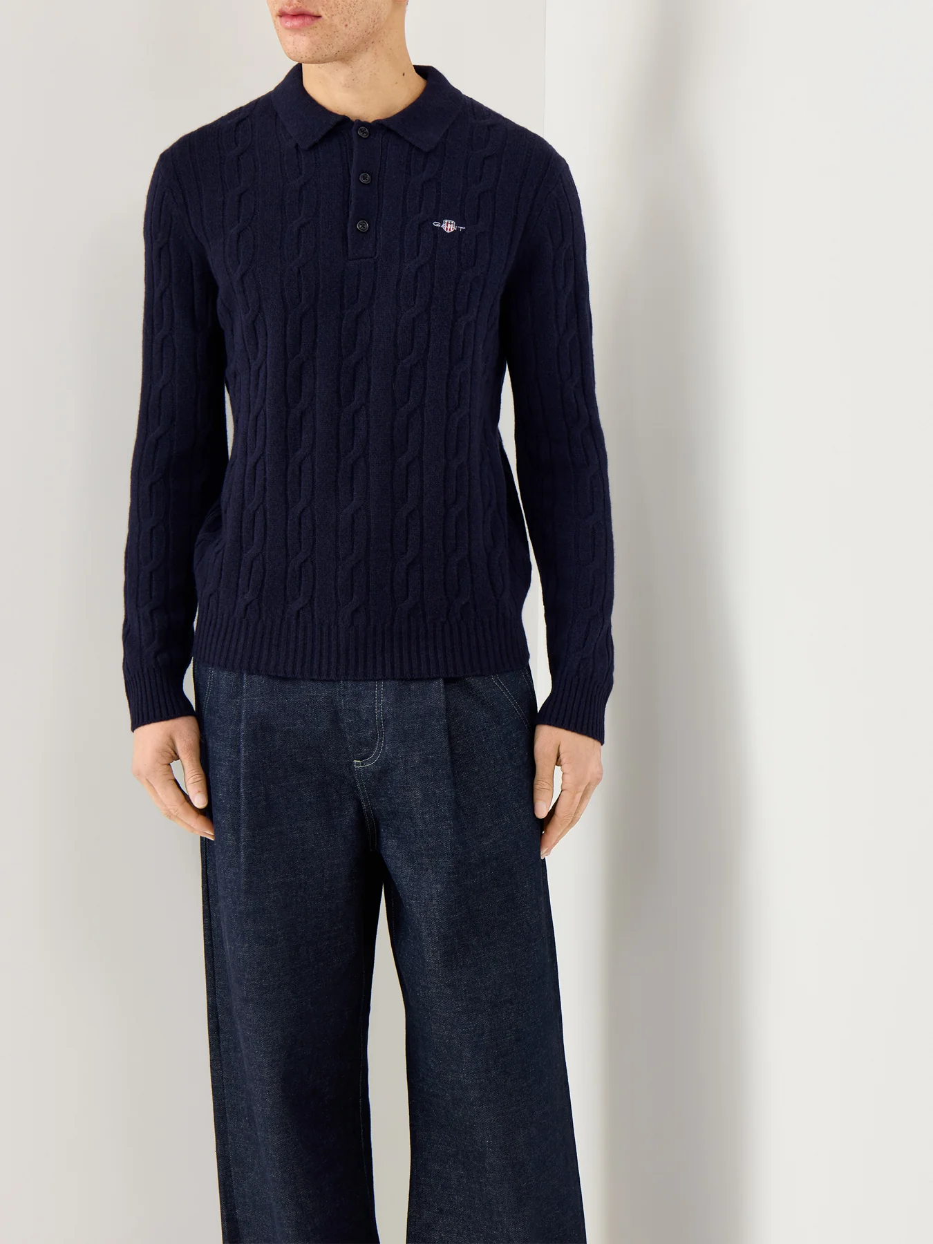 Lambswool Cable Polo Jumper Evening Blue - Image 4