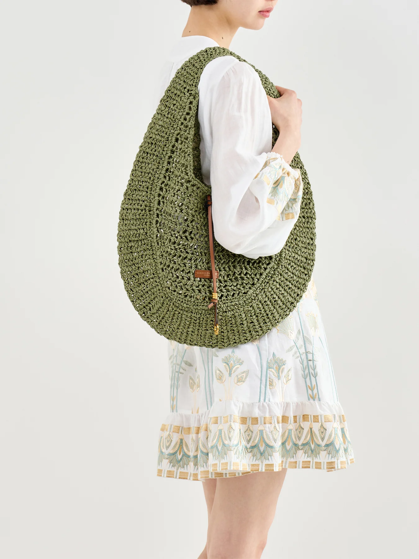 Nefeli Round Paper Straw Shoulder Bag Green - Image 2