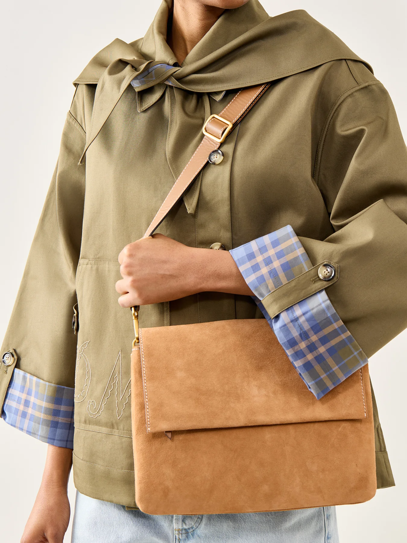 Three Large Suede Crossbody Bag Tan - Image 2