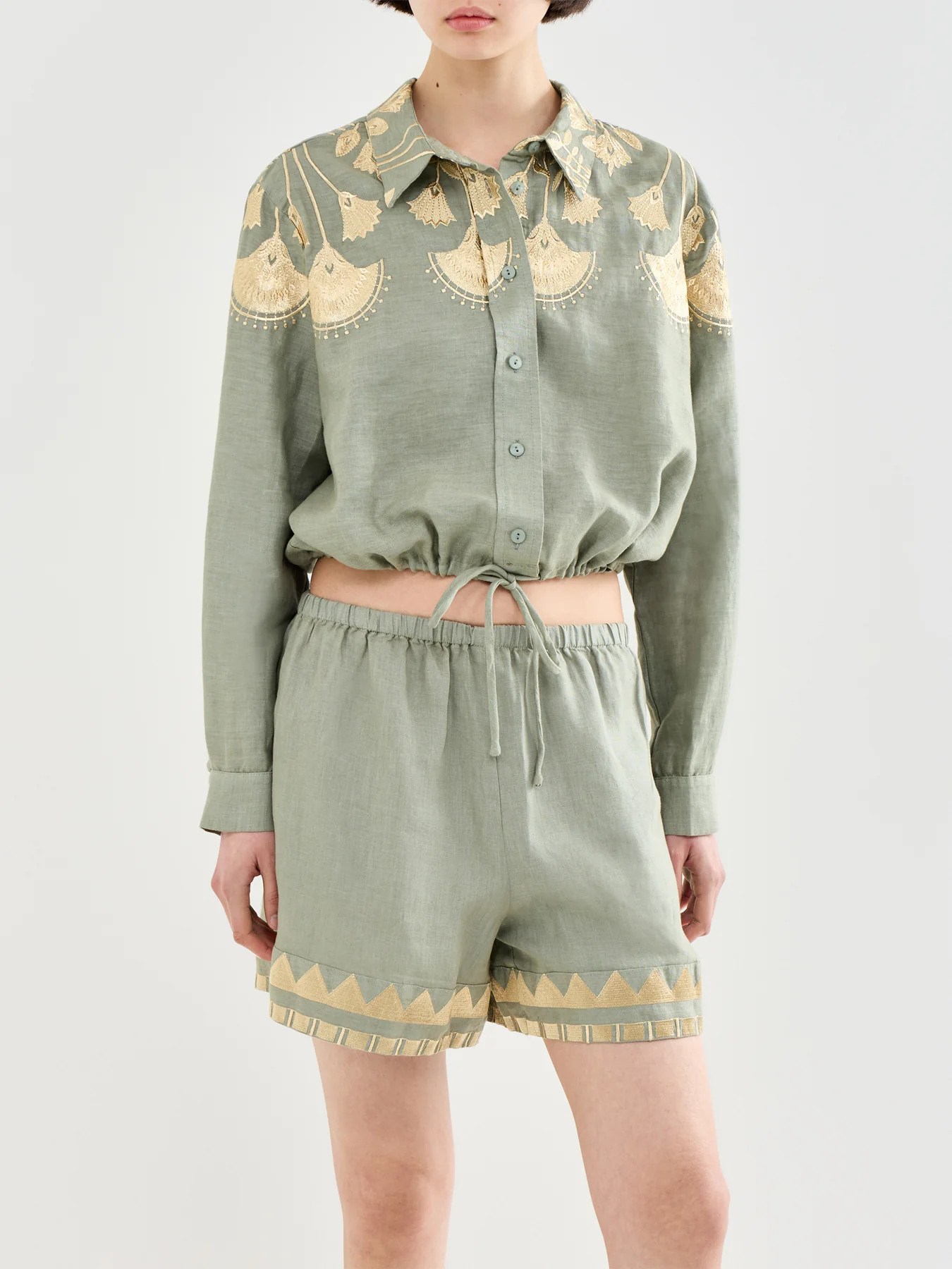 Papyrus Cropped Linen Shirt Khaki - Image 4