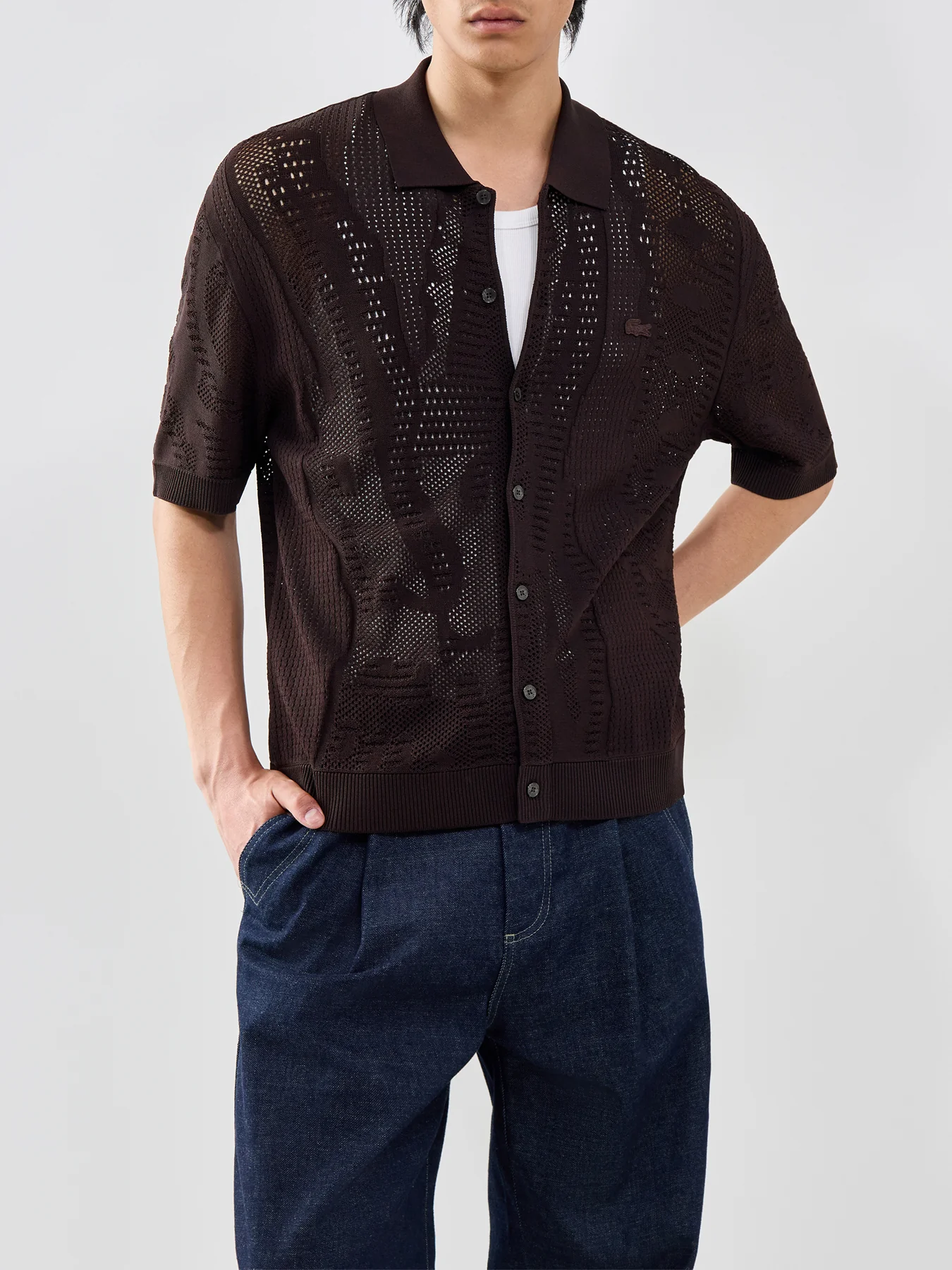 Crochet Knit Short Sleeve Shirt Brown - Image 4