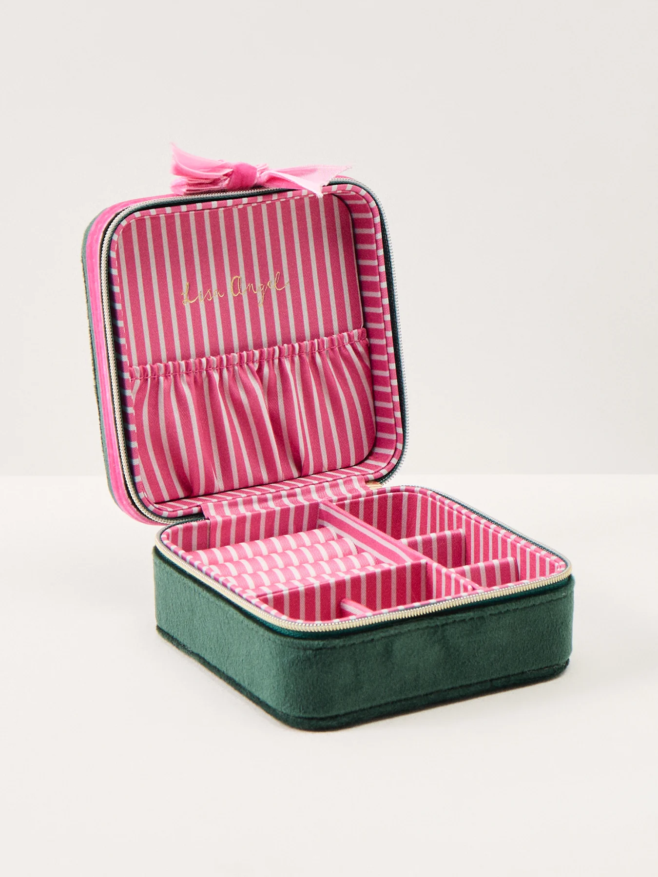 Green Pink Velvet Bow Square Jewellery Case - Image 3